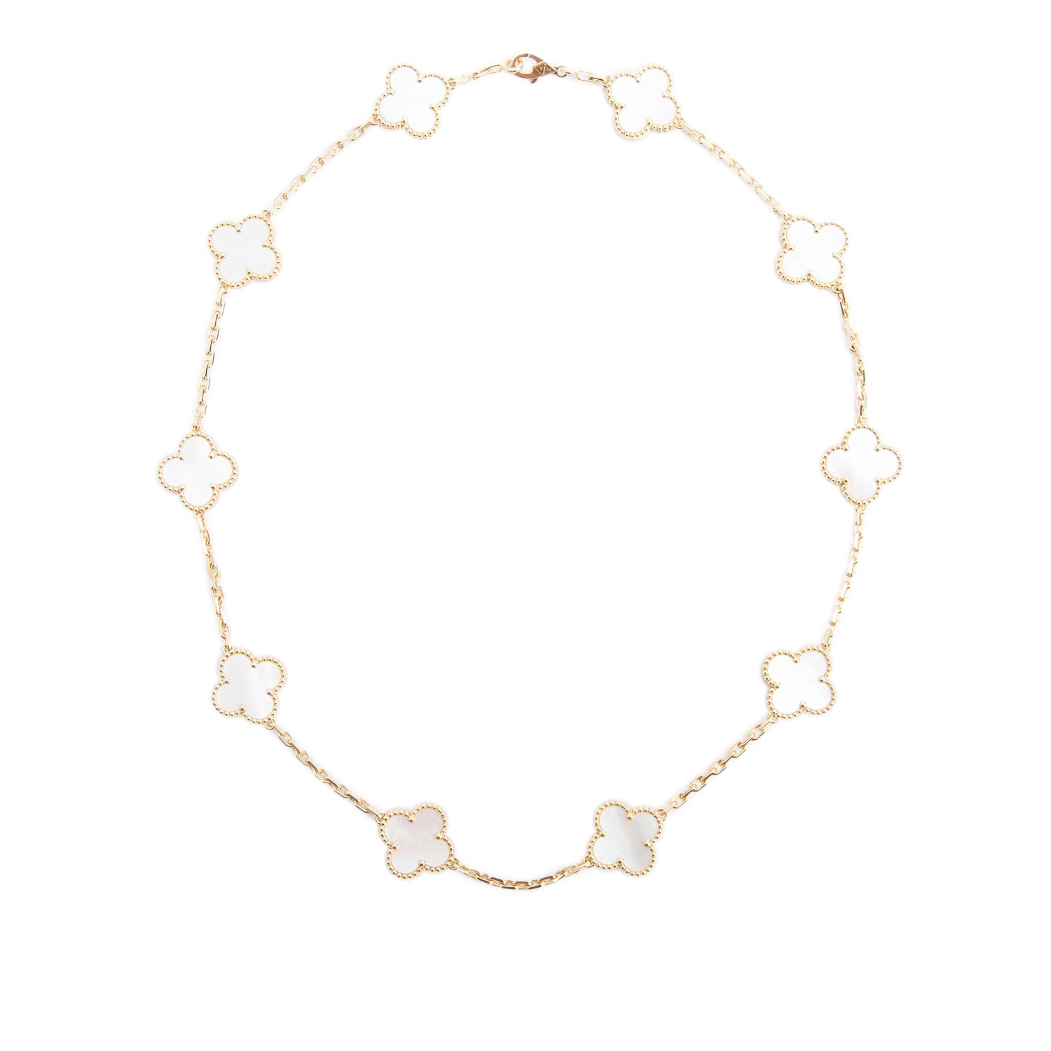 Van Cleef & Arpels 2026 18k Yellow Gold Vintage Alhambra 10 Motif Mother of Pearl Necklace w/ Box & Certificate