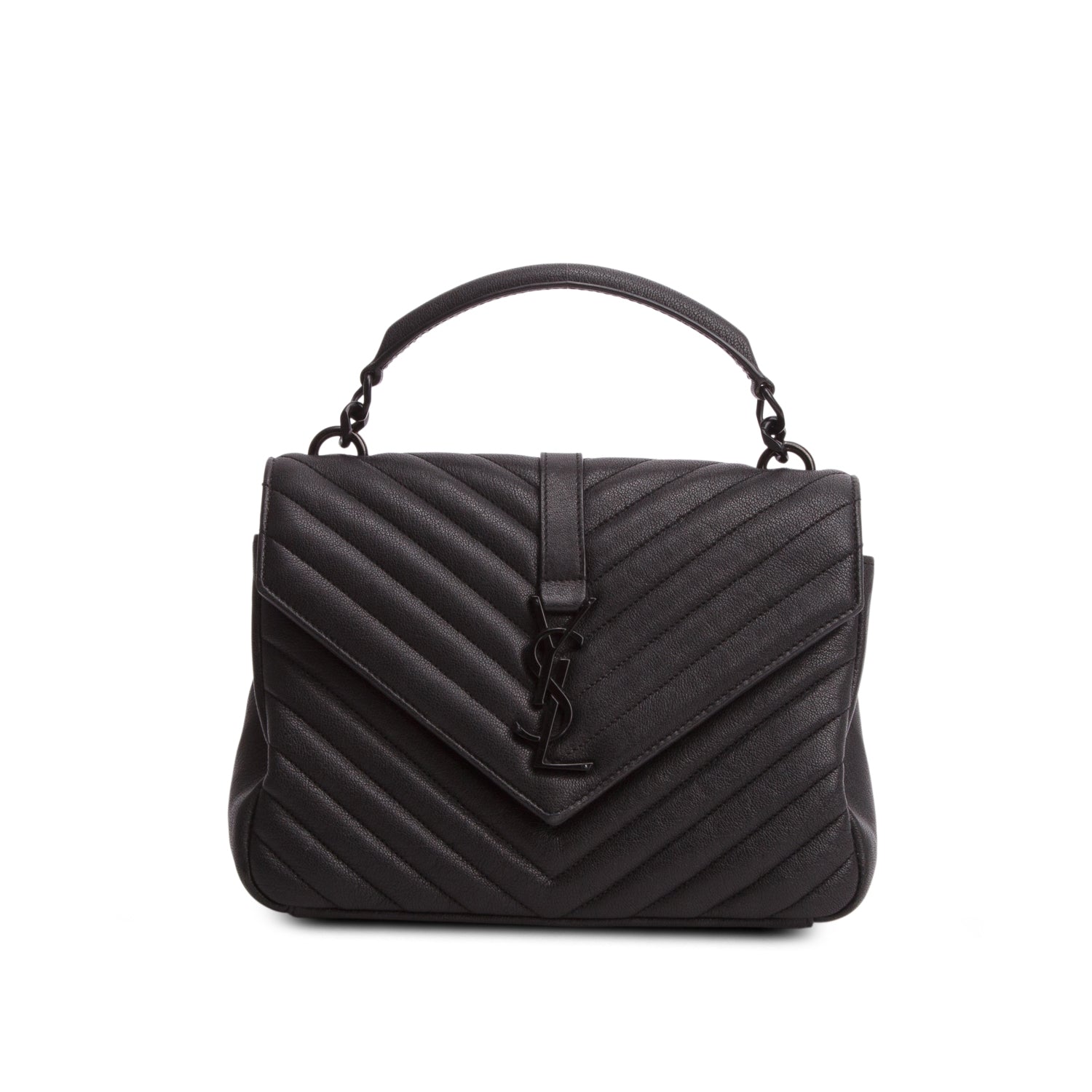 Saint Laurent 2022 Black Sheepskin Matelasse Chevron Monogram Monochrome Medium College Bag w/ Box