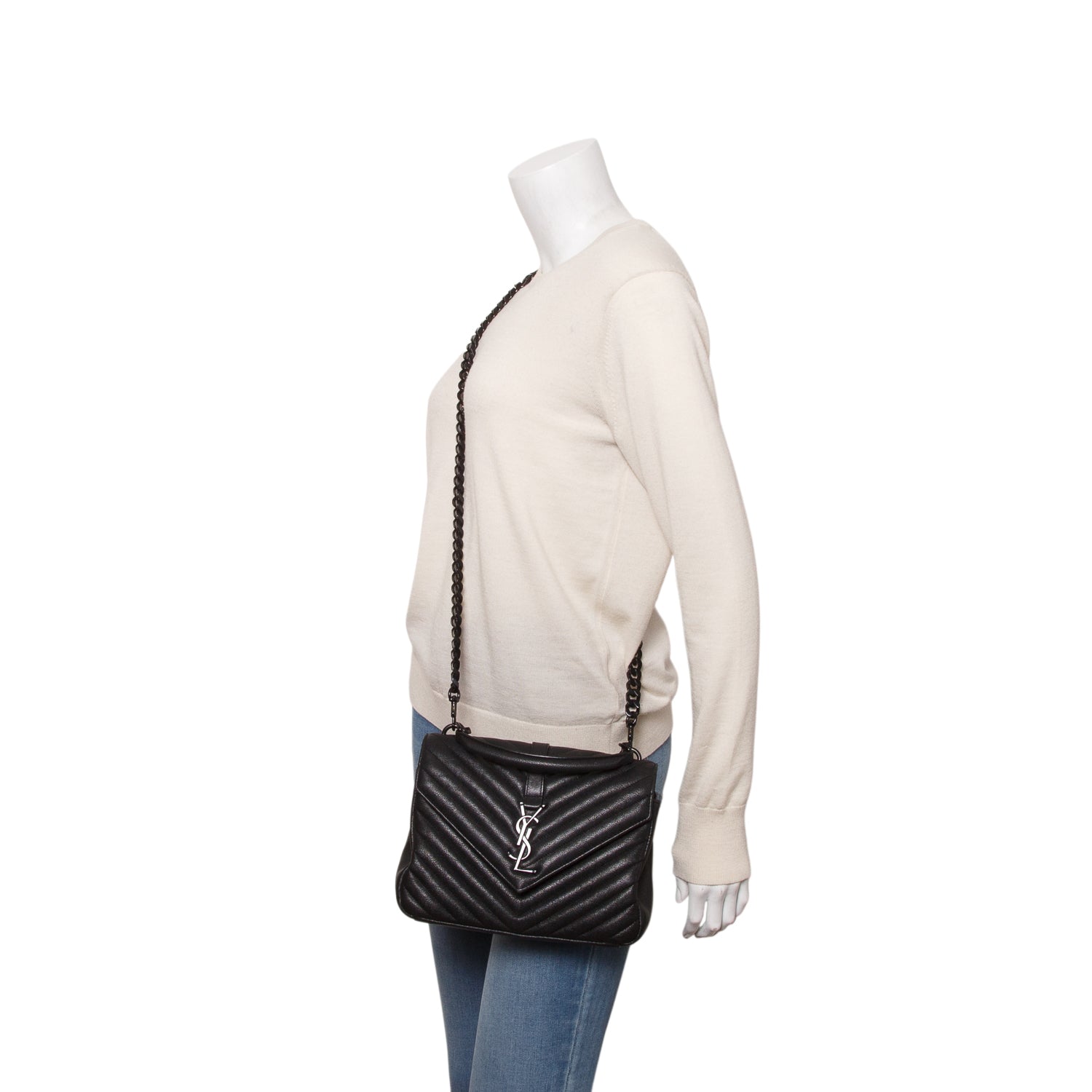 Saint Laurent 2022 Black Sheepskin Matelasse Chevron Monogram Monochrome Medium College Bag w/ Box