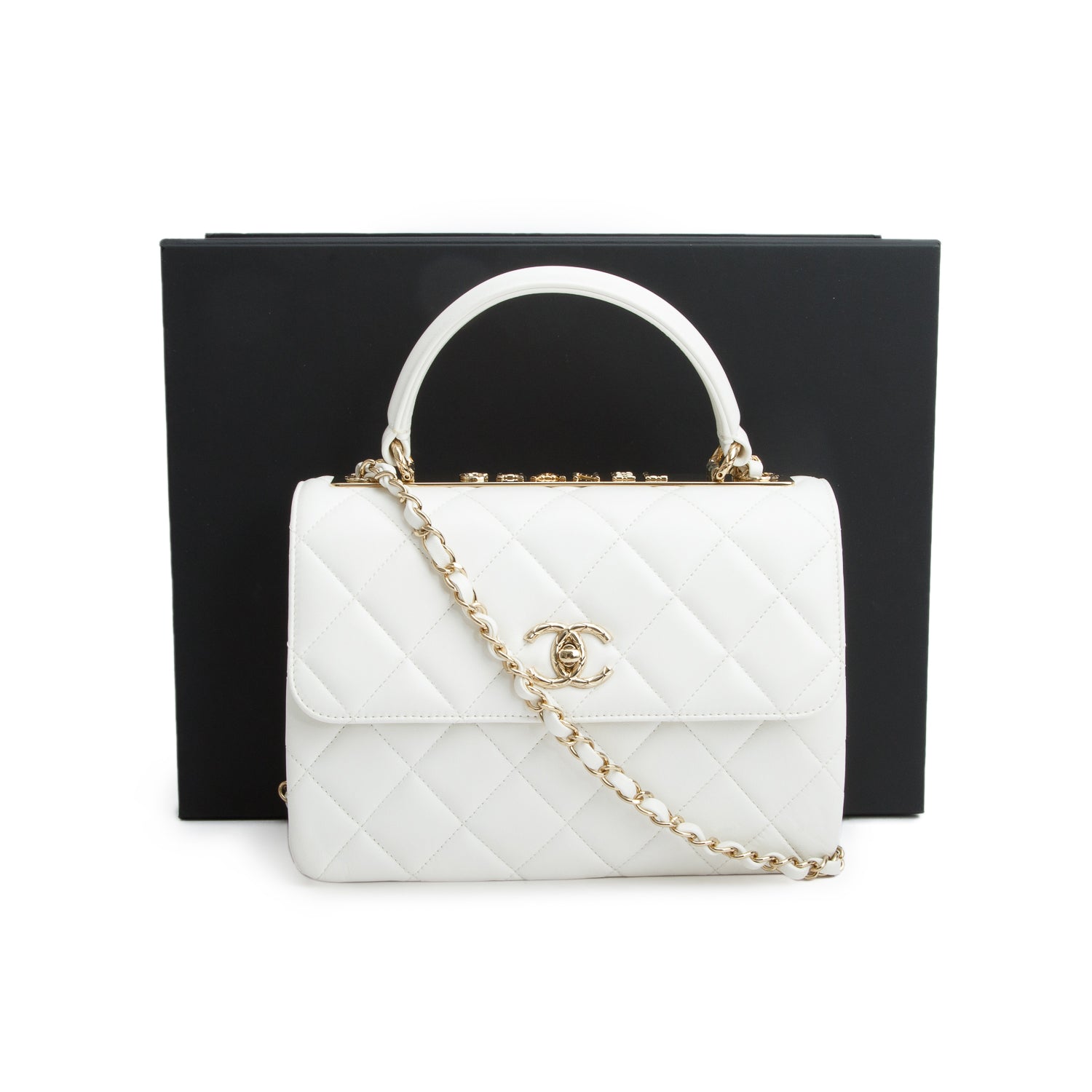 Chanel White Lambskin Quilted Trendy CC Small Top Handle Flap Bag w/ Box