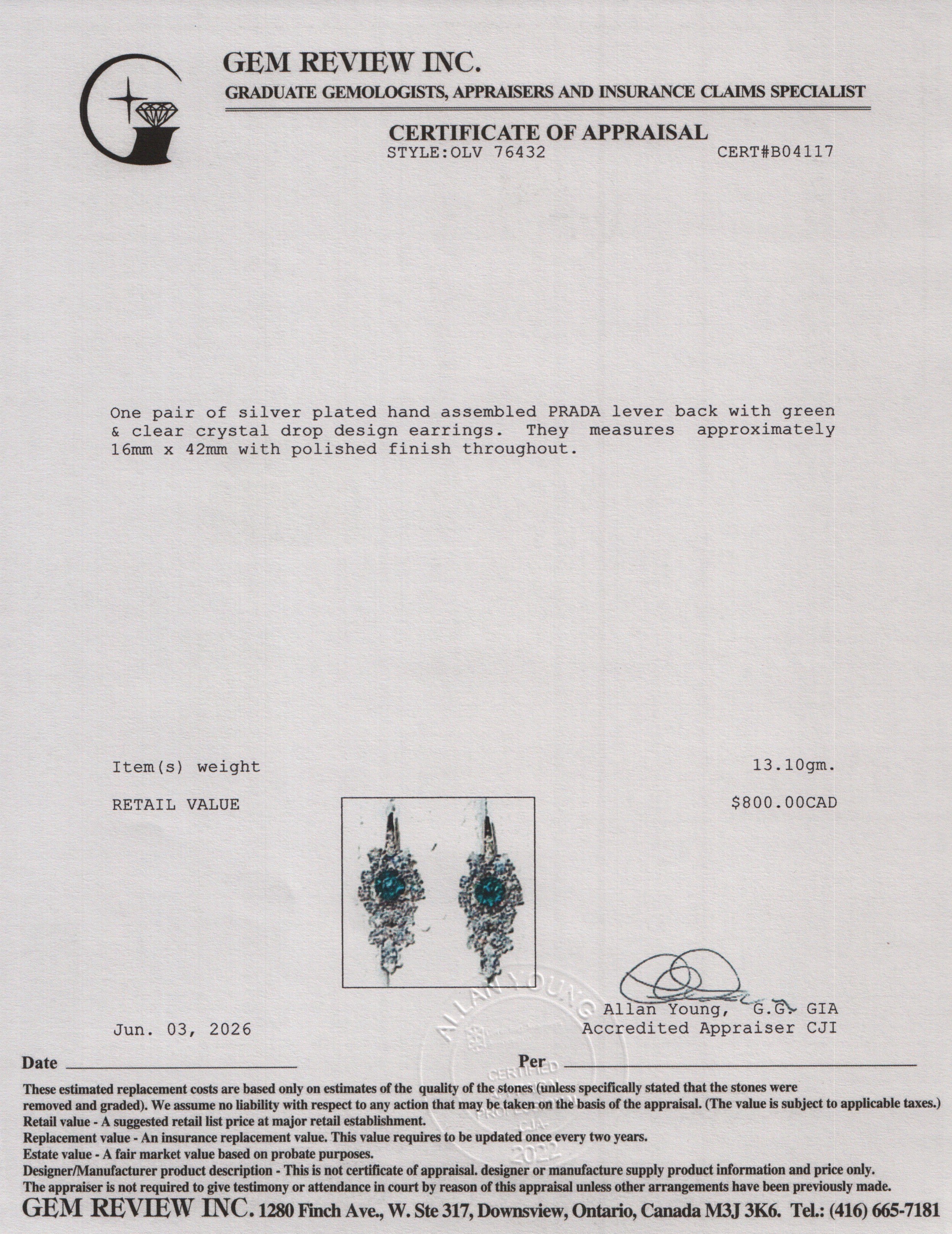 Prada Silver Plated Green & Clear Crystal Drop Earrings