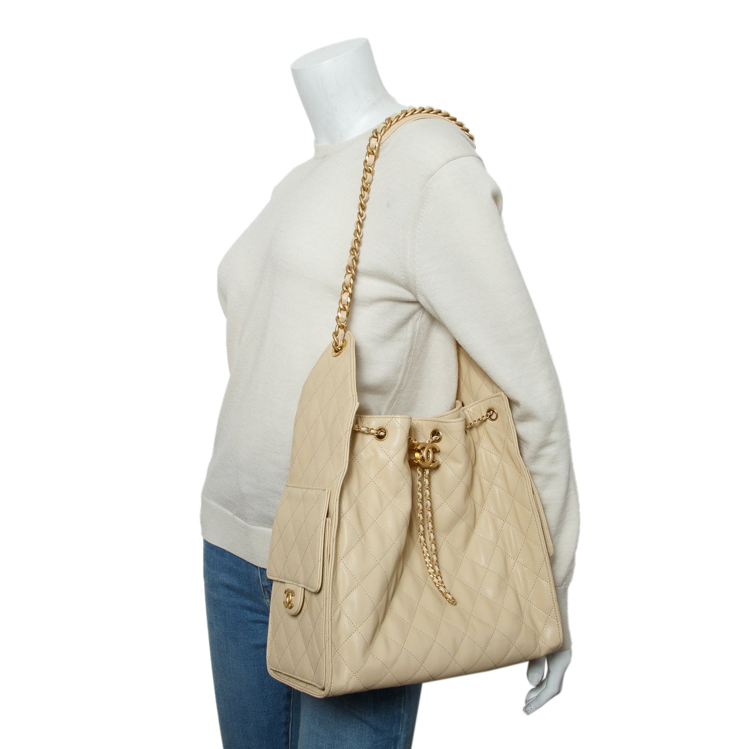 Chanel Beige Caviar Quilted Medium 25 Handbag w/ Box & Pouch