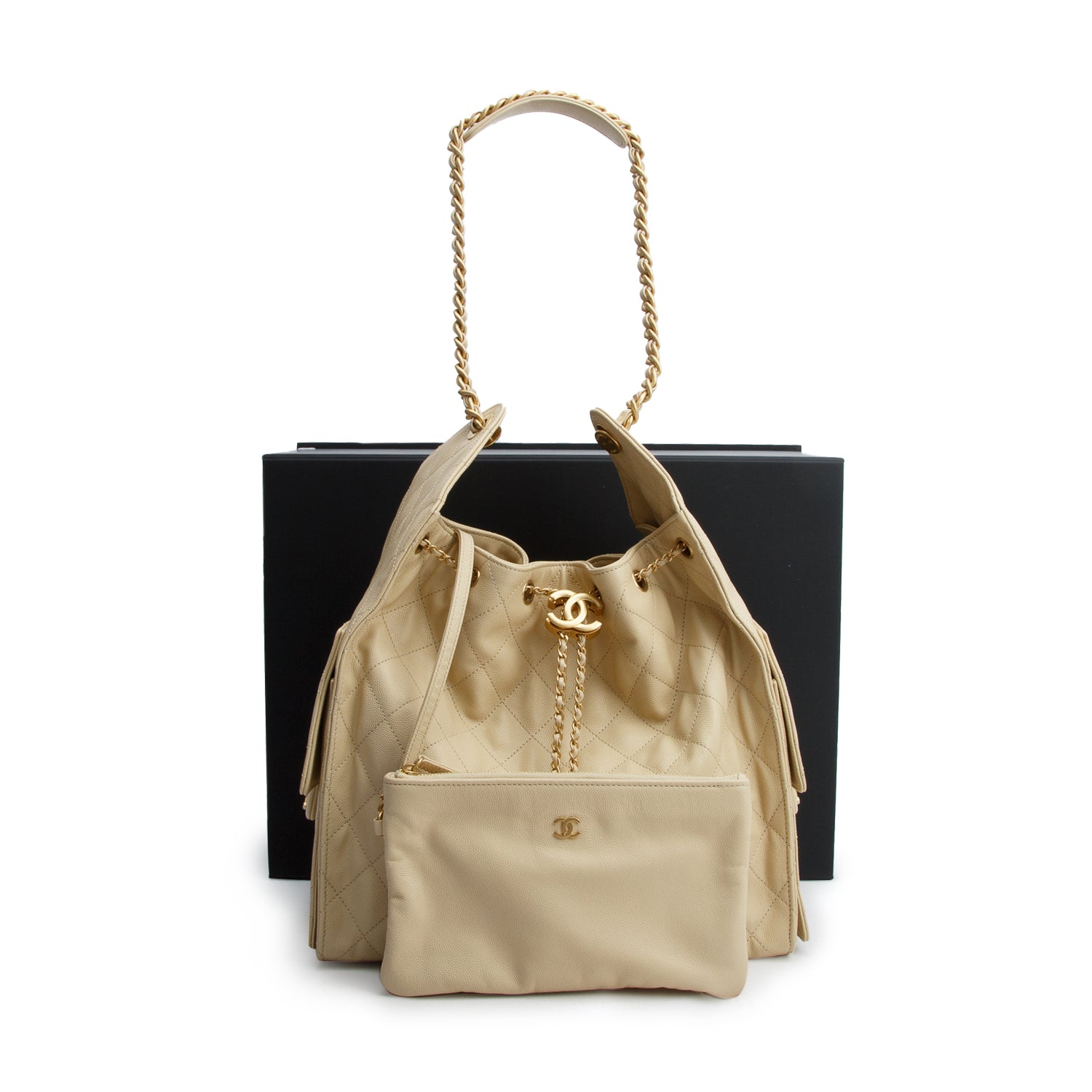 Chanel Beige Caviar Quilted Medium 25 Handbag w/ Box & Pouch