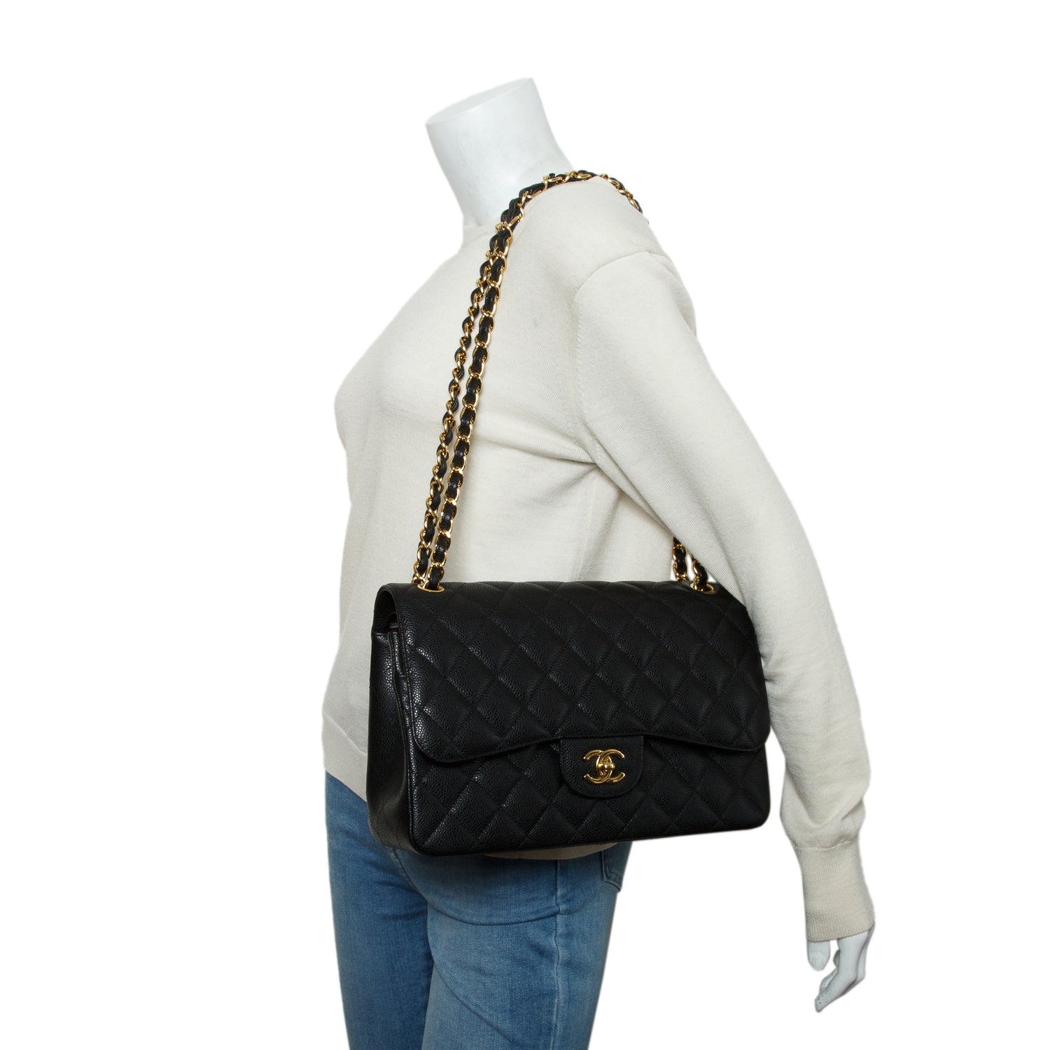 Chanel 2020 Black Quilted Caviar Leather Classic Jumbo Double Flap Bag