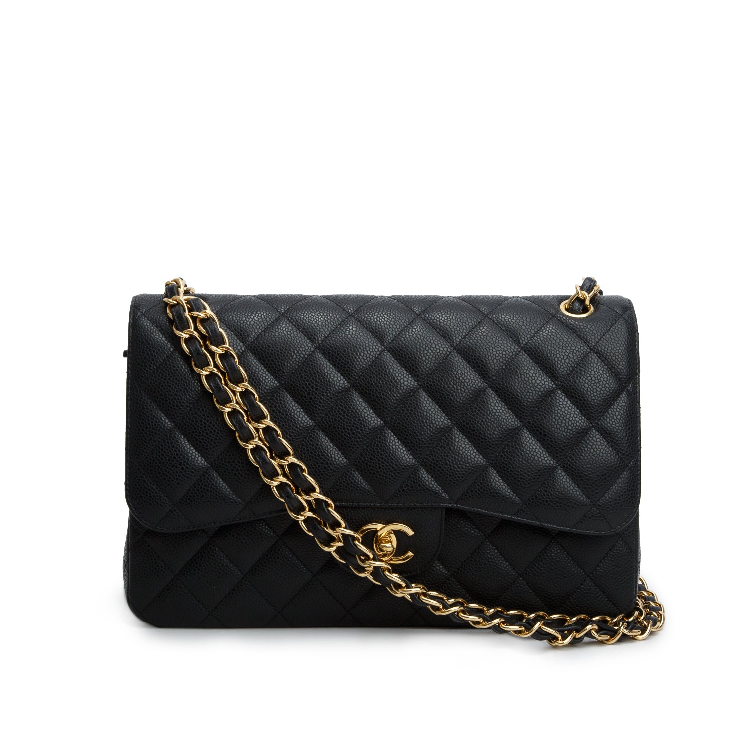 Chanel 2020 Black Quilted Caviar Leather Classic Jumbo Double Flap Bag
