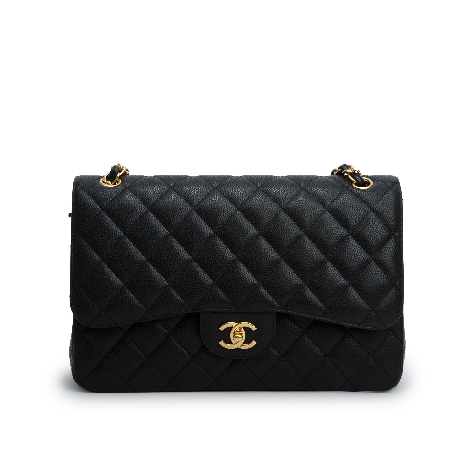 Chanel 2020 Black Quilted Caviar Leather Classic Jumbo Double Flap Bag