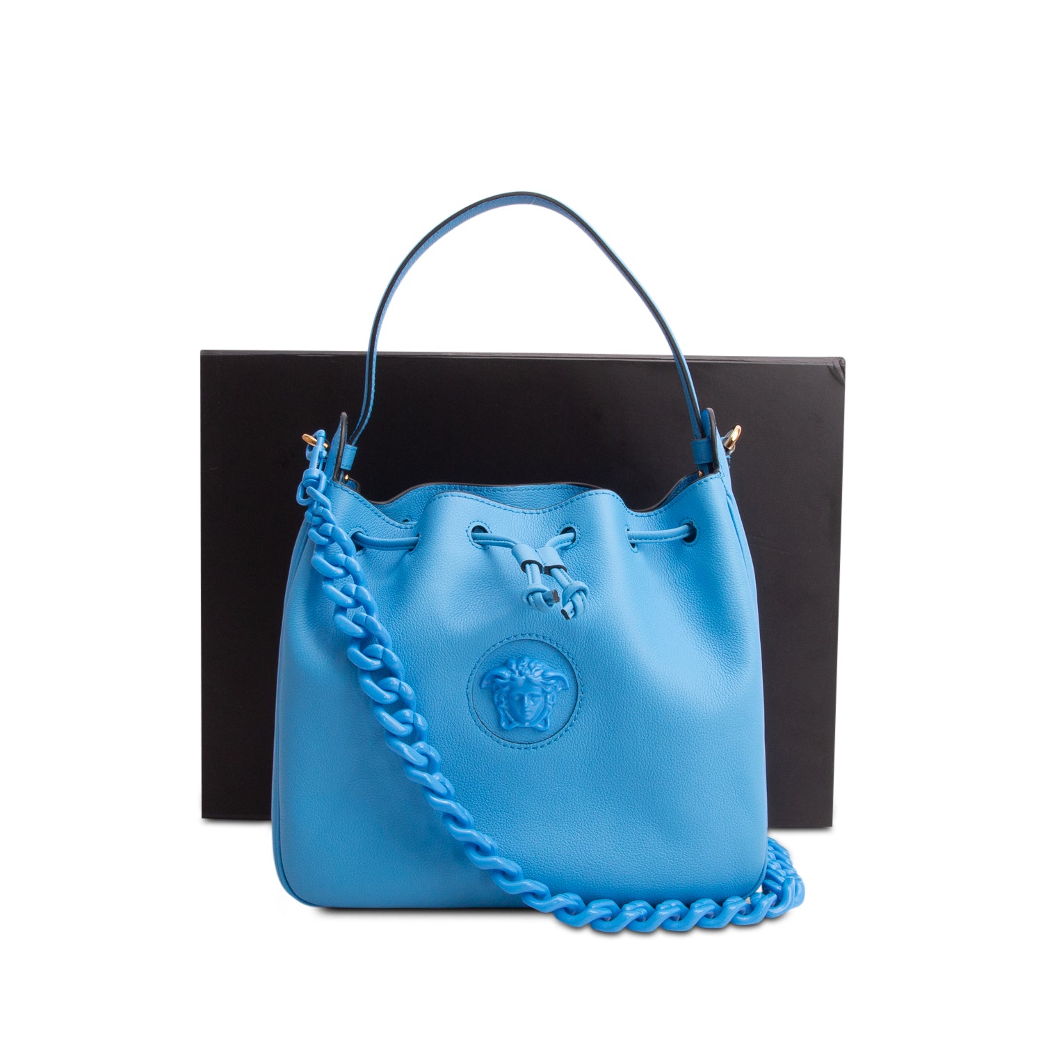 Versace Blue Grained Calfskin La Medusa Bucket Bag w/ Box & Straps