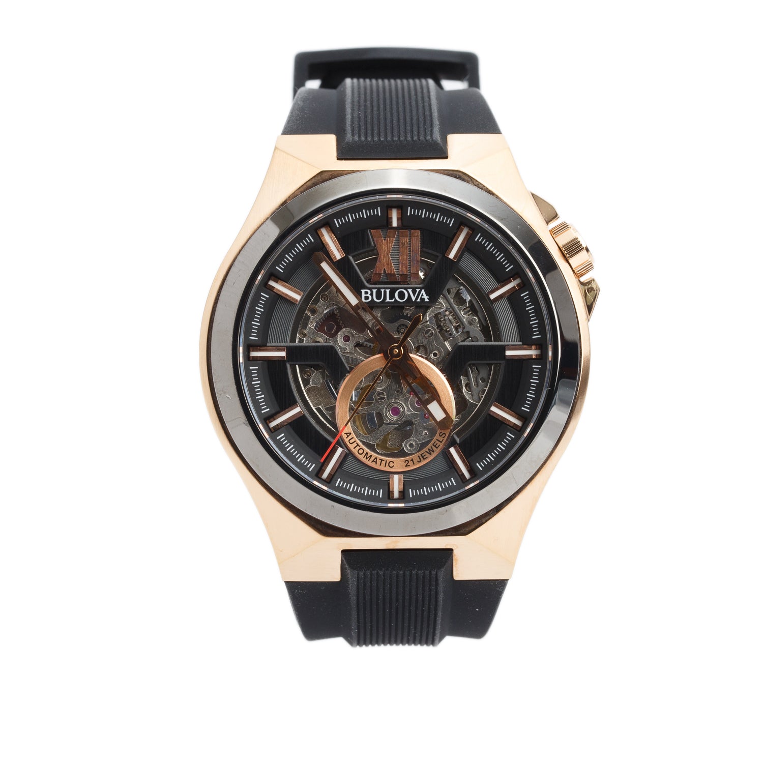 Bulova Rose Gold Plated Stainless Steel Maquina 46 MM Automatic Watch Skeleton Dial 98A177 w/ Box