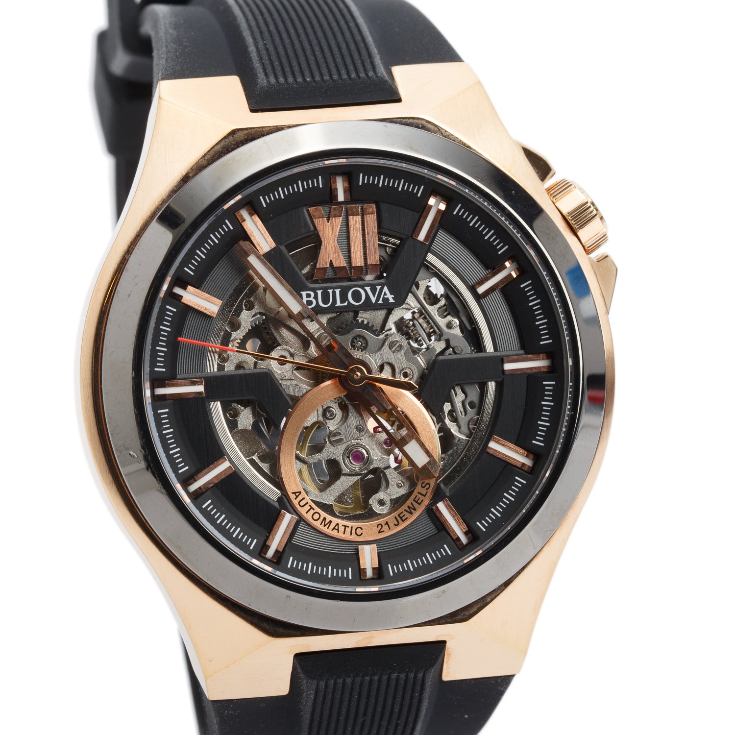 Bulova Rose Gold Plated Stainless Steel Maquina 46 MM Automatic Watch Skeleton Dial 98A177 w/ Box
