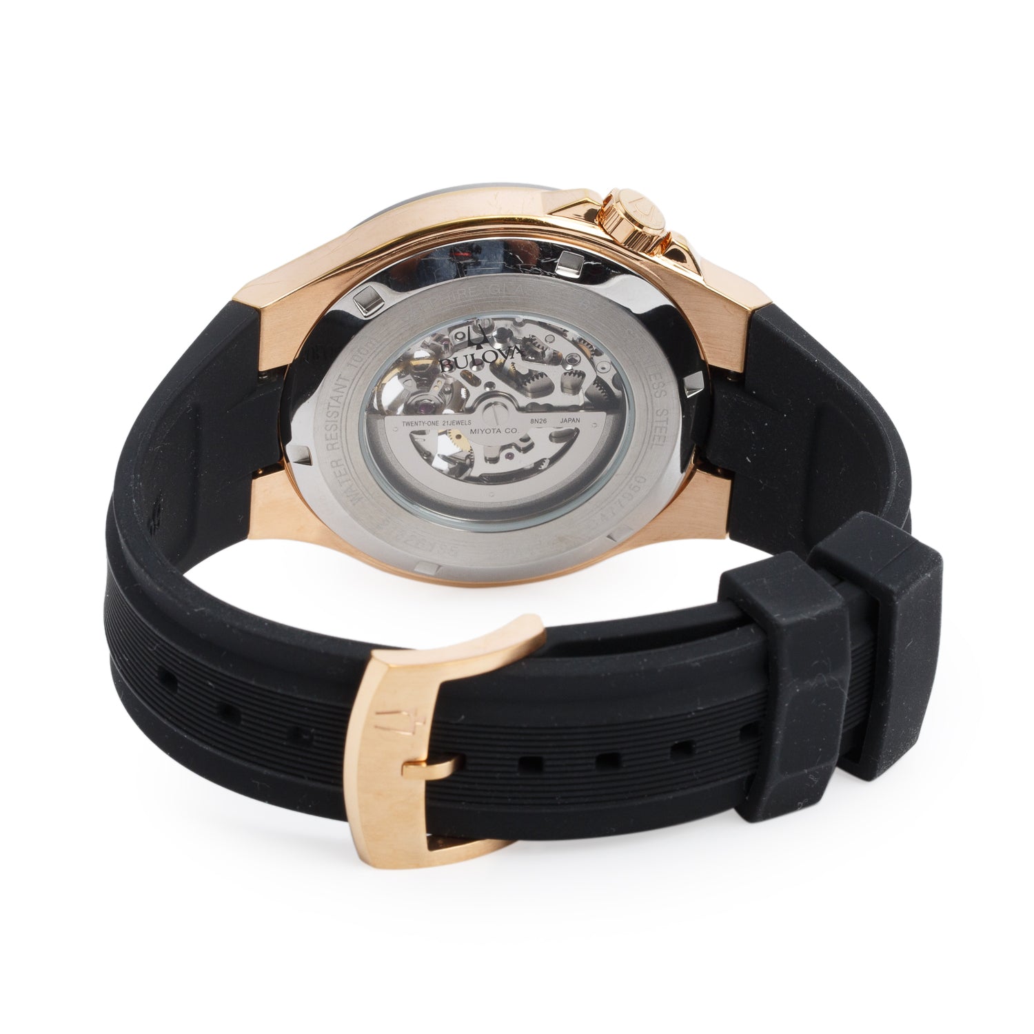 Bulova Rose Gold Plated Stainless Steel Maquina 46 MM Automatic Watch Skeleton Dial 98A177 w/ Box