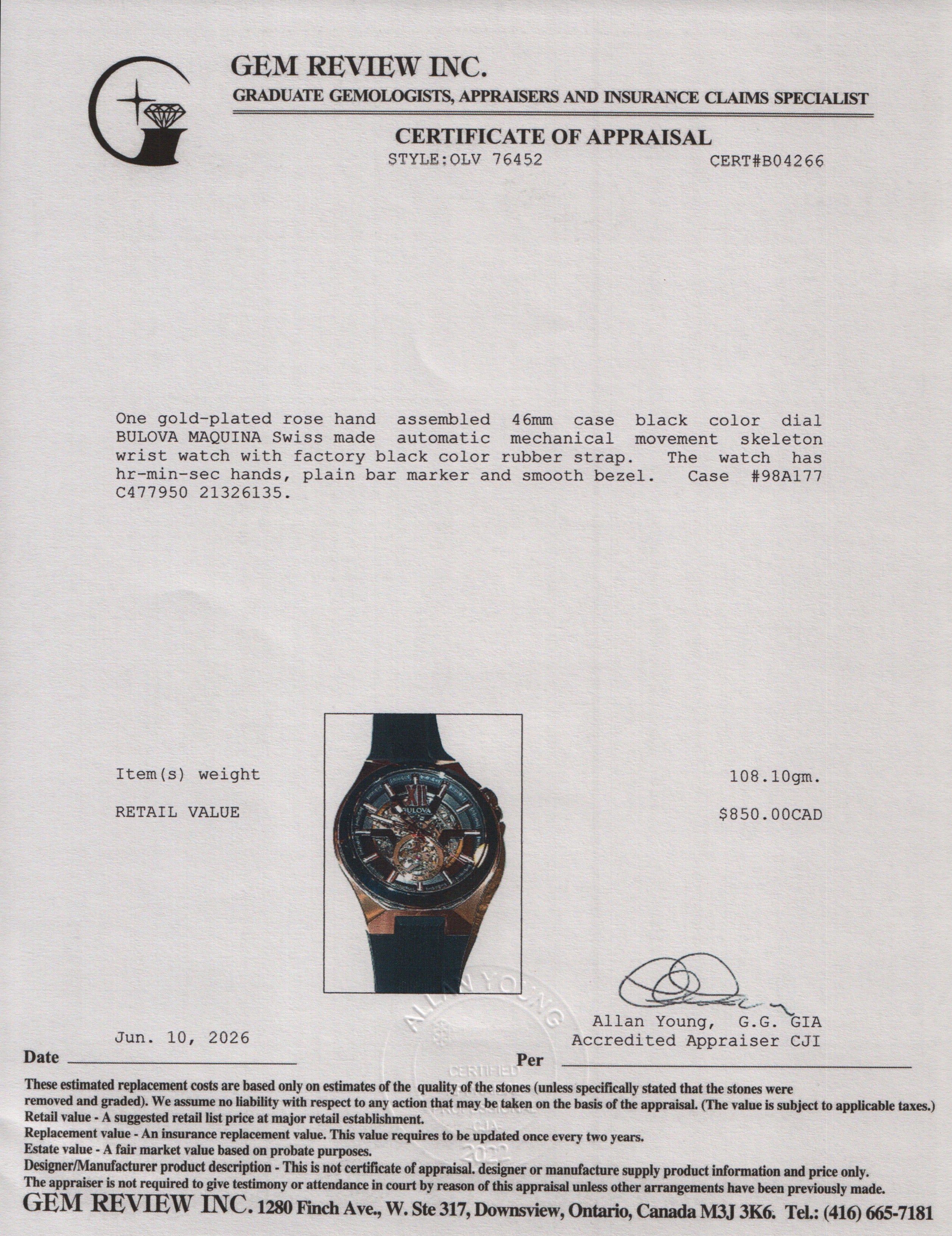 Bulova Rose Gold Plated Stainless Steel Maquina 46 MM Automatic Watch Skeleton Dial 98A177 w/ Box