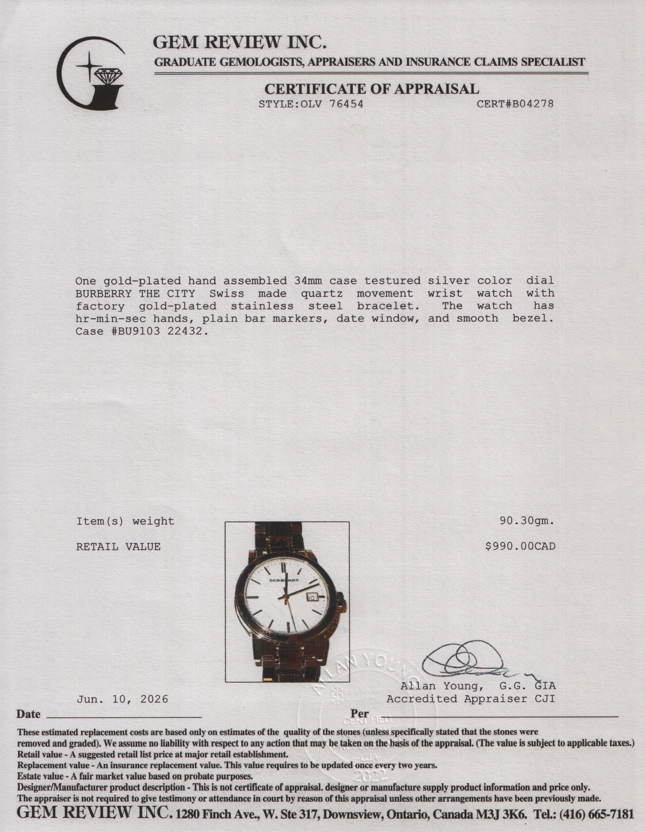 Burberry Gold-Plated Stainless Steel BU9103 34 MM The City Quartz Watch Silver Dial