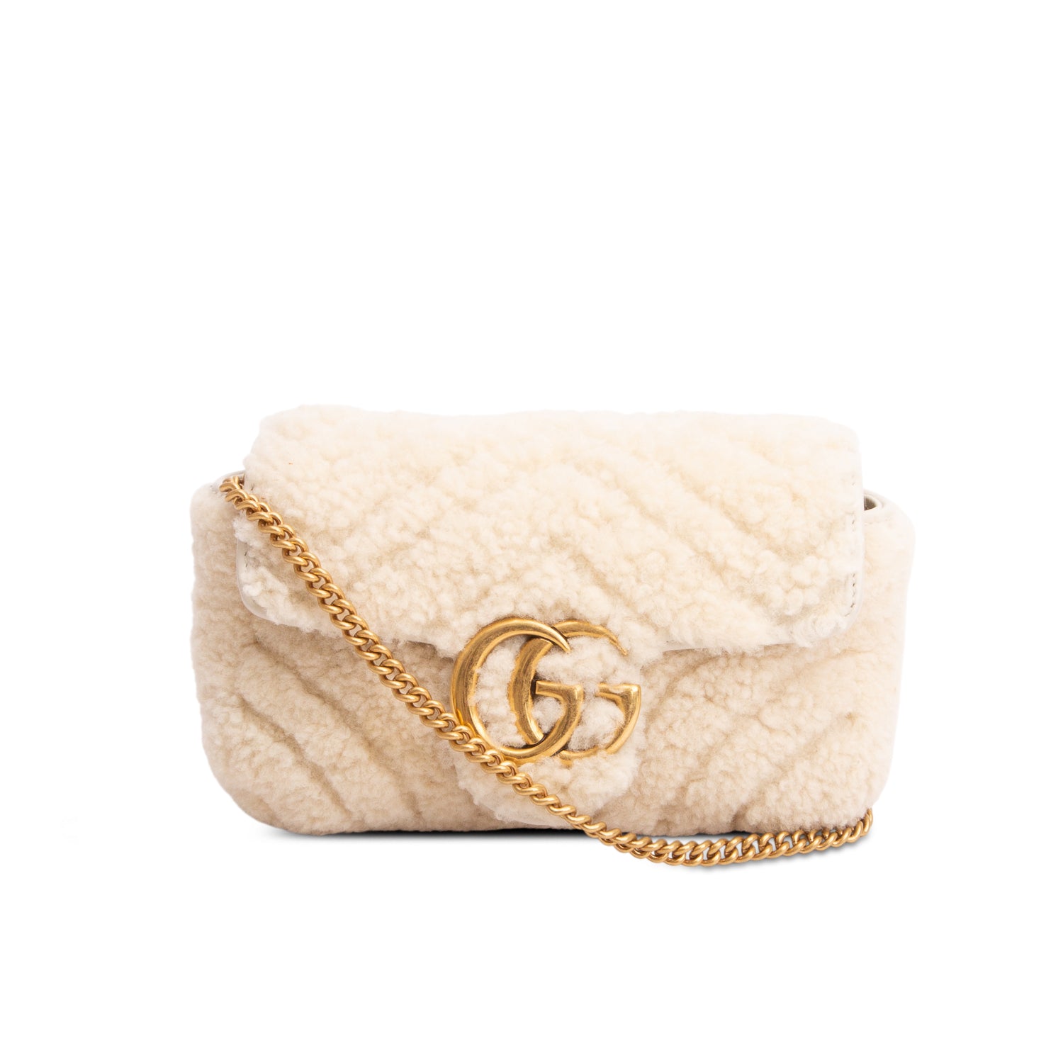 Gucci Cream Shearling GG Marmont Matelasse Super Mini Bag