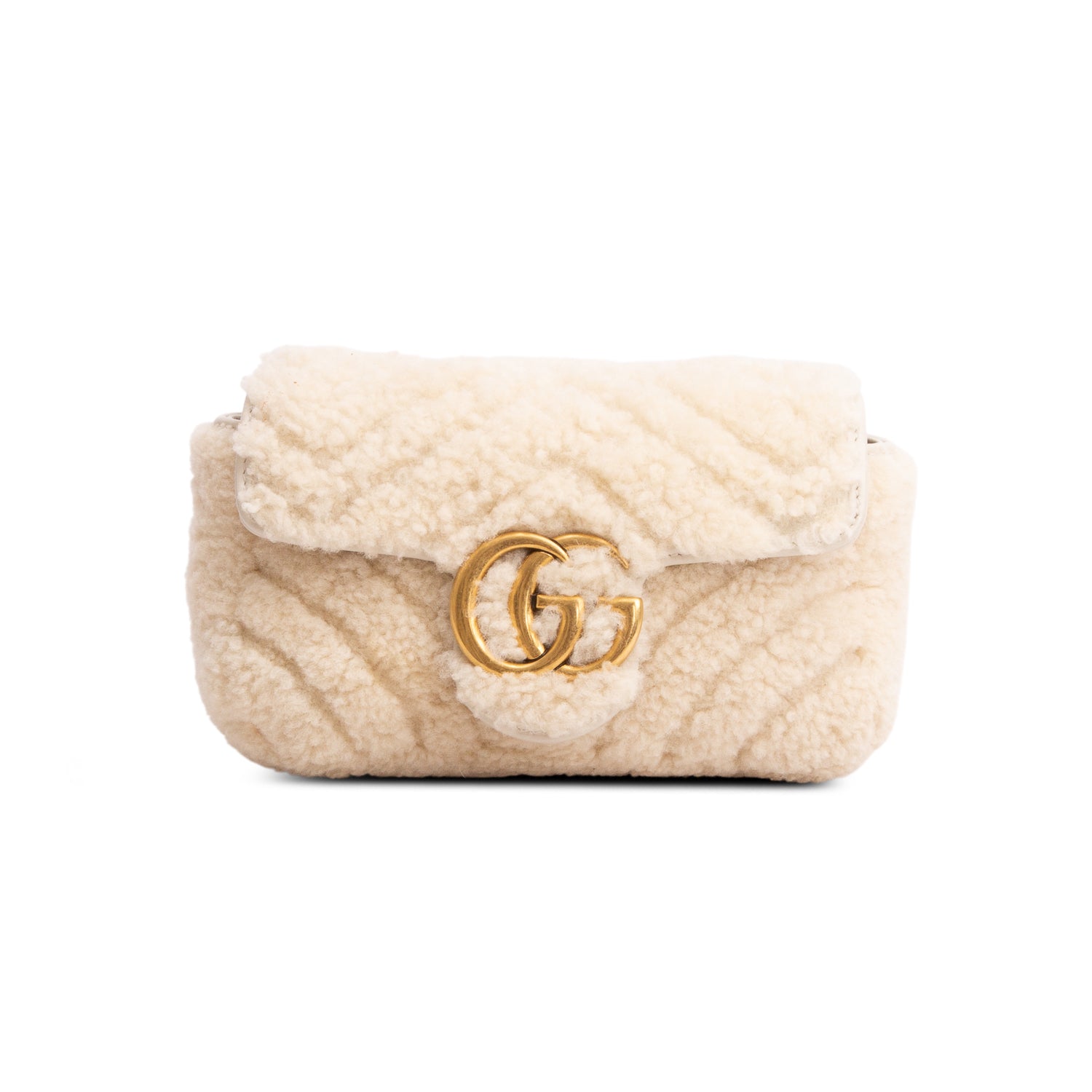 Gucci Cream Shearling GG Marmont Matelasse Super Mini Bag