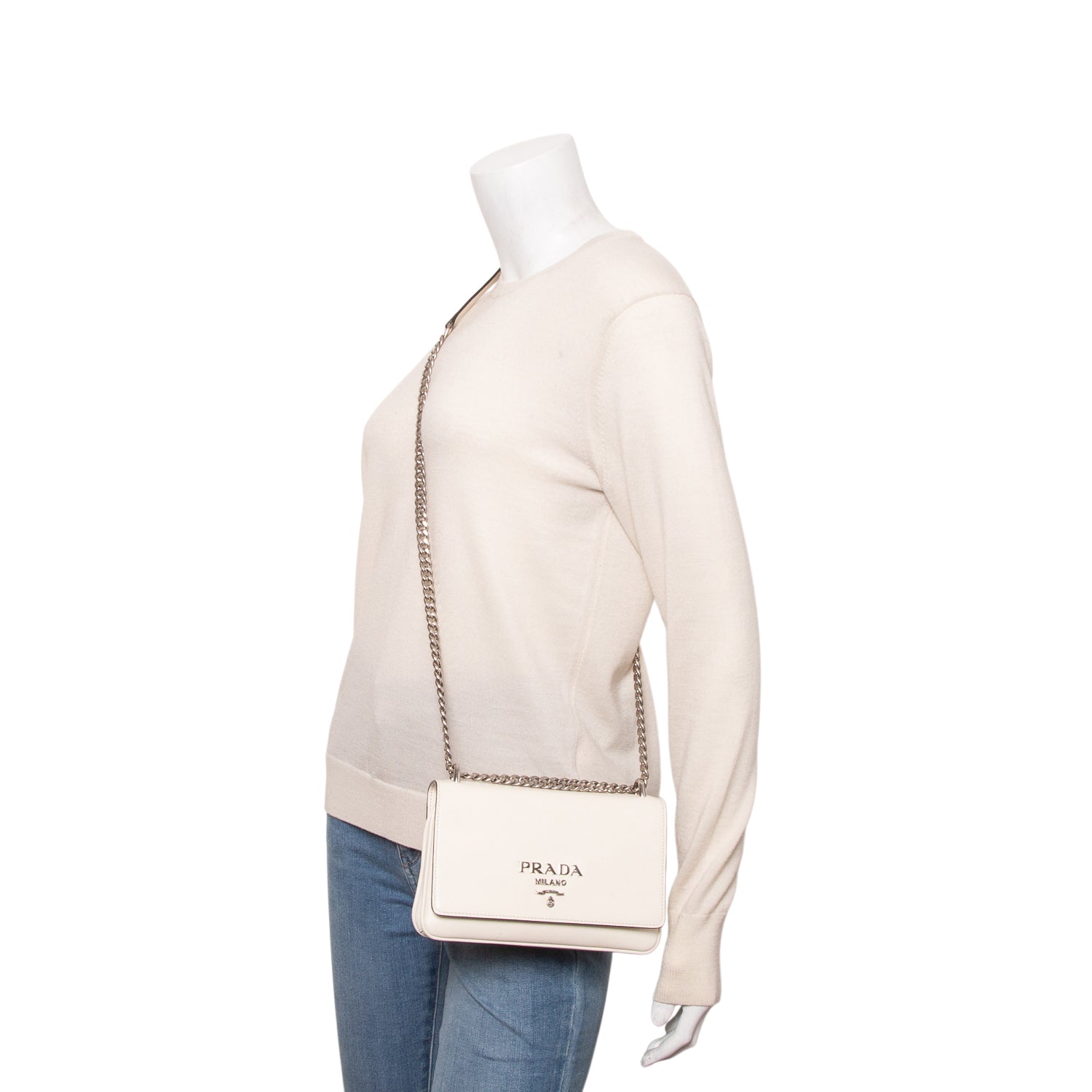 Prada White Glace Calfskin Chain Crossbody Bag