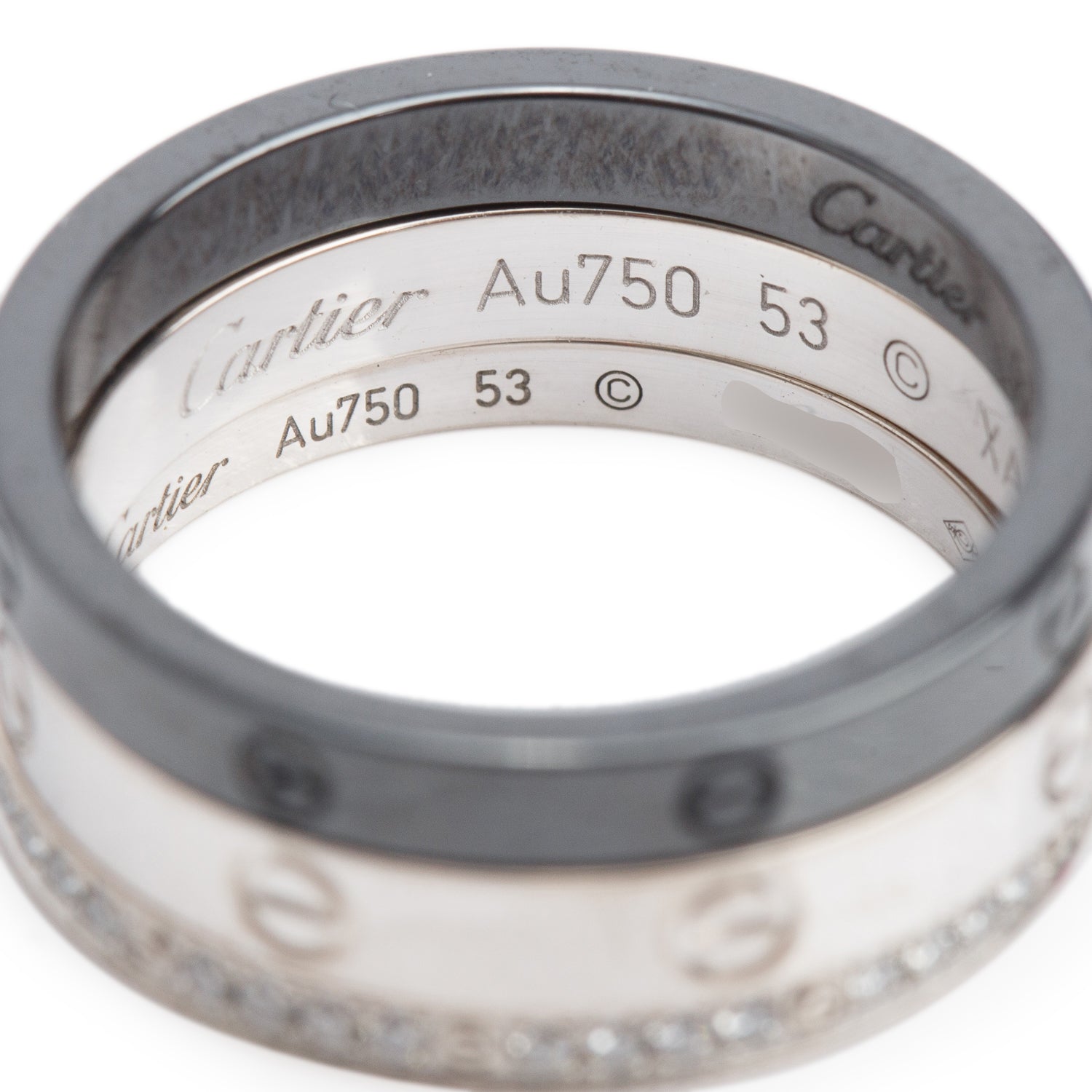 Cartier 18k White Gold & Black Ceramic Half Paved Diamond Ring Set, Size 53 6.5 w/ Box & Certificate