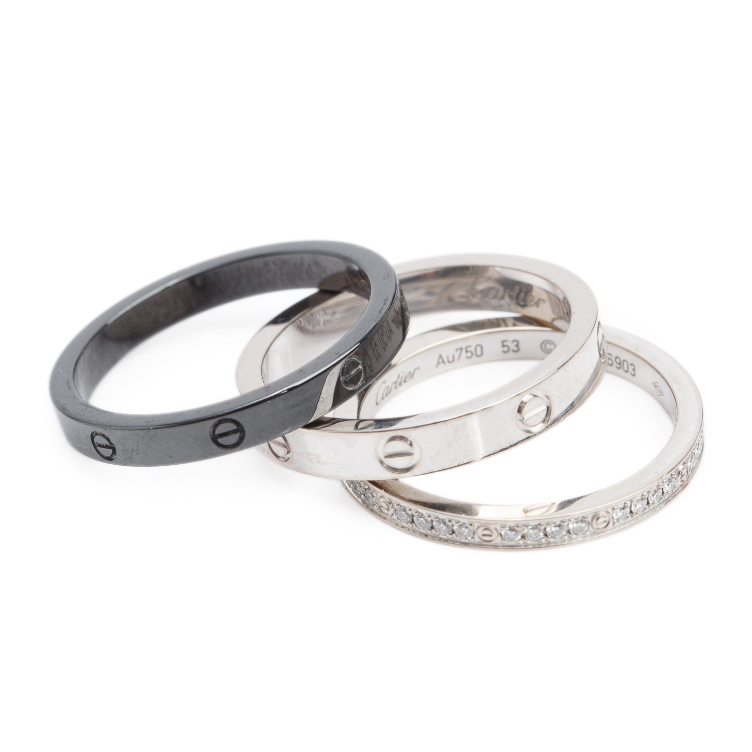 Cartier 18k White Gold & Black Ceramic Half Paved Diamond Ring Set, Size 53 6.5 w/ Box & Certificate