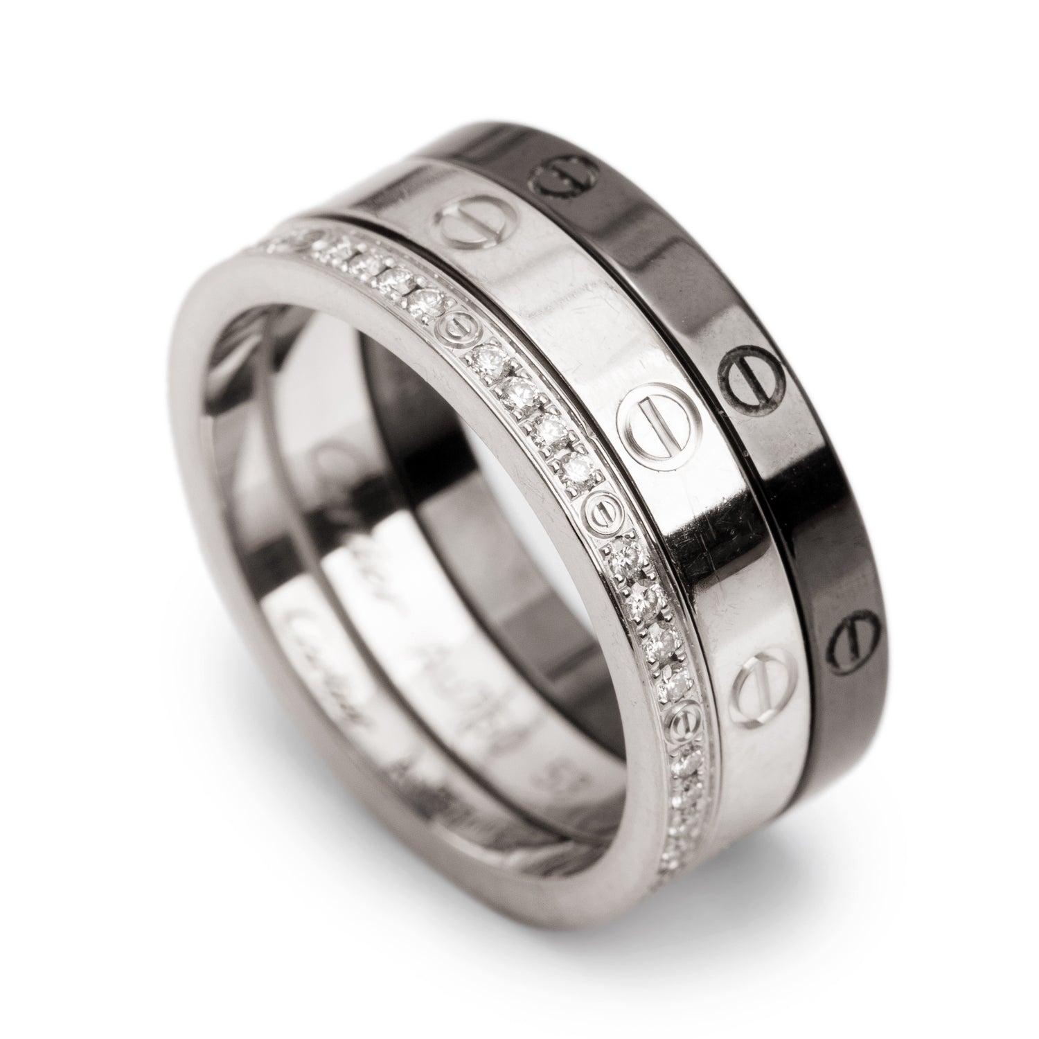 Cartier 18k White Gold & Black Ceramic Half Paved Diamond Ring Set, Size 53 6.5 w/ Box & Certificate