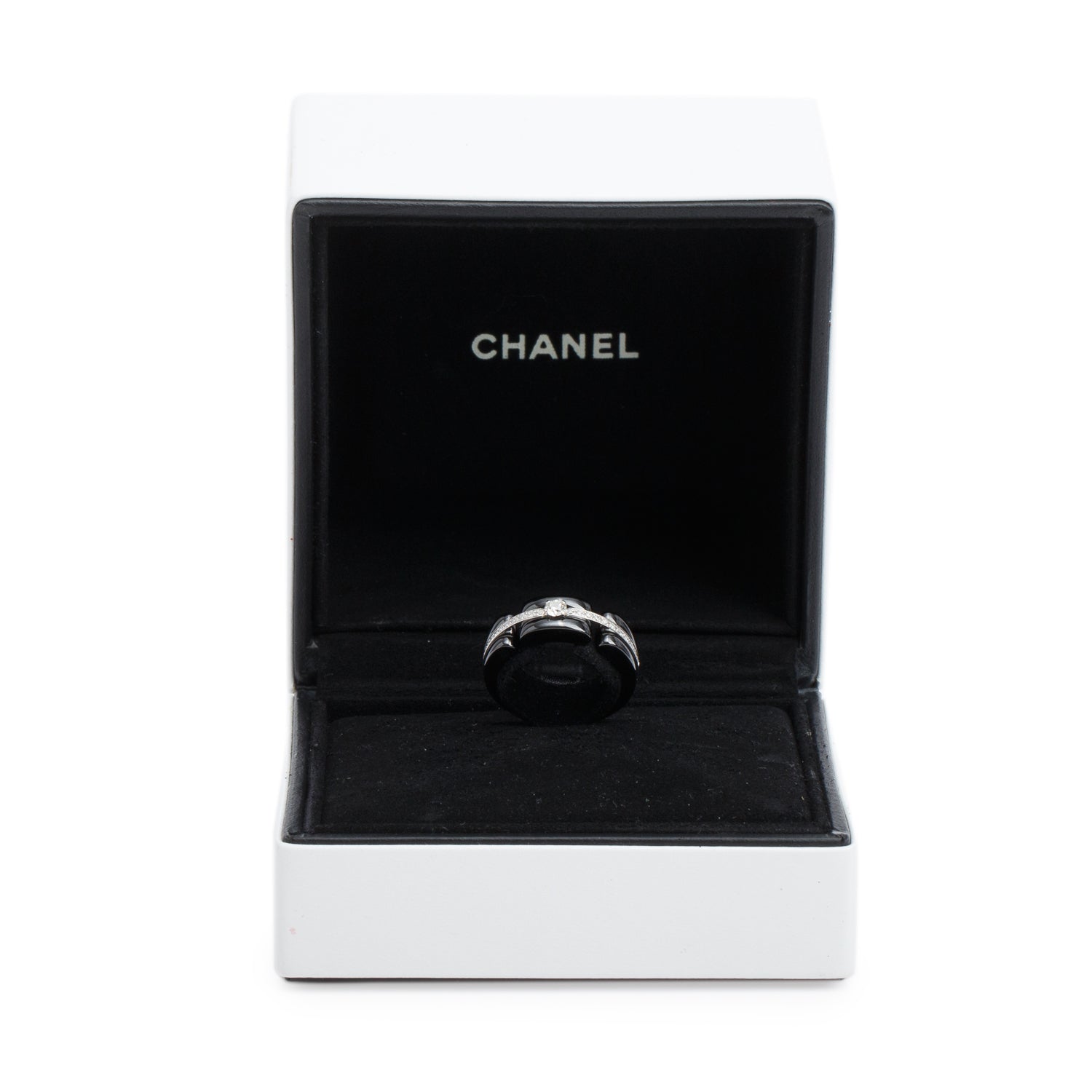 Chanel 18k White Gold & Ceramic Diamond Ultra Ring, Size 52 6 w/ Box
