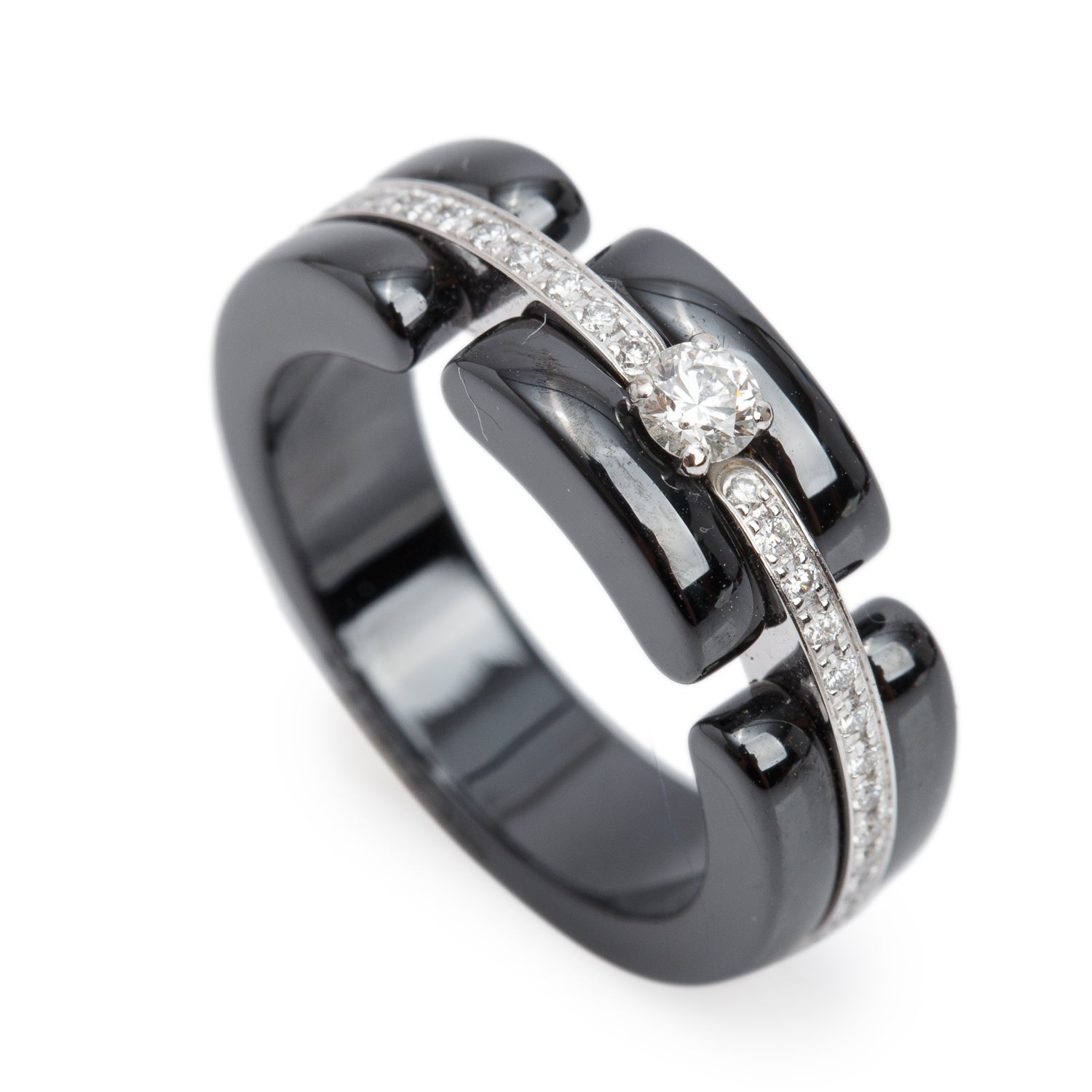 Chanel 18k White Gold & Ceramic Diamond Ultra Ring, Size 52 6 w/ Box