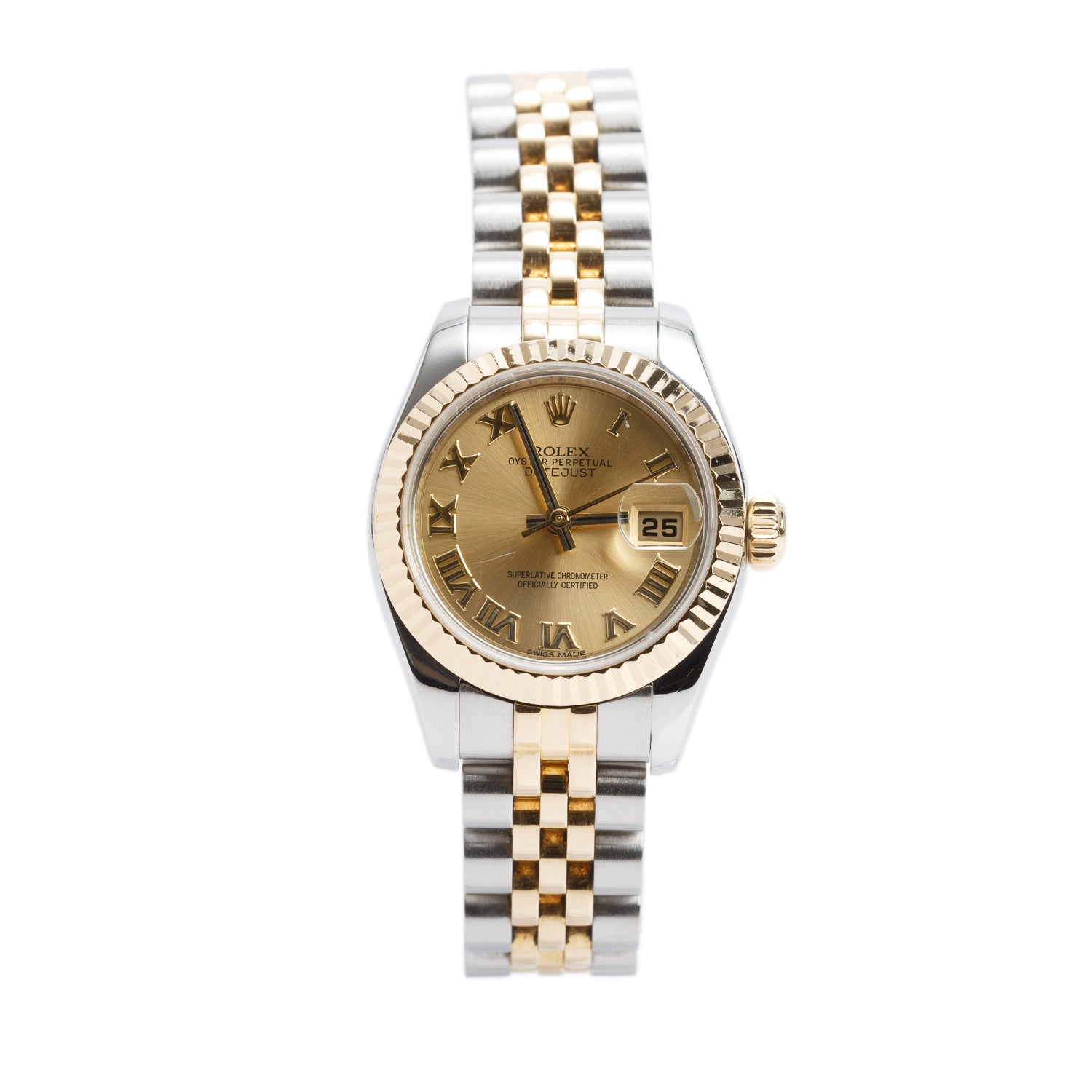 Rolex Stainless Steel & 18k Yellow Gold Datejust 26 MM Watch Champagne Dial 179173 w/ Box