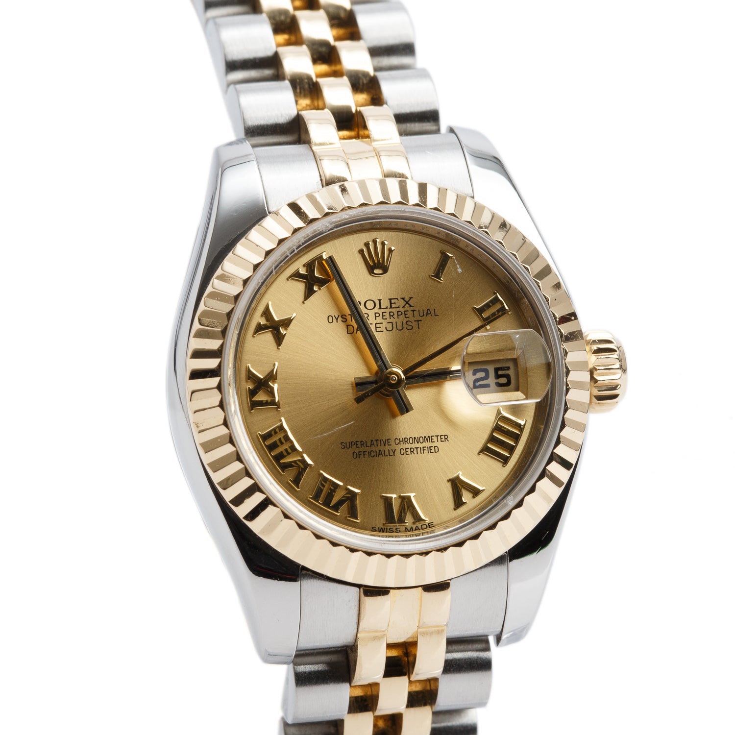 Rolex Stainless Steel & 18k Yellow Gold Datejust 26 MM Watch Champagne Dial 179173 w/ Box