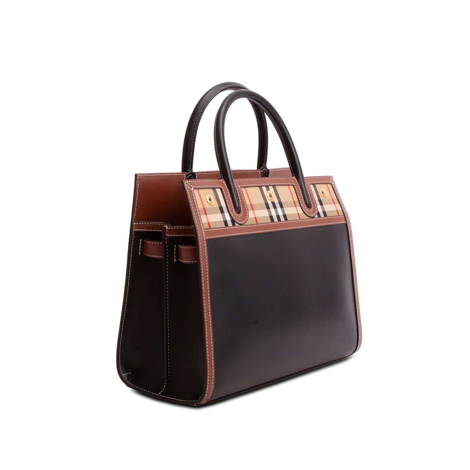 Burberry Black Calfskin Vintage Check Small Two Handle Title Bag w/ Box & Strap