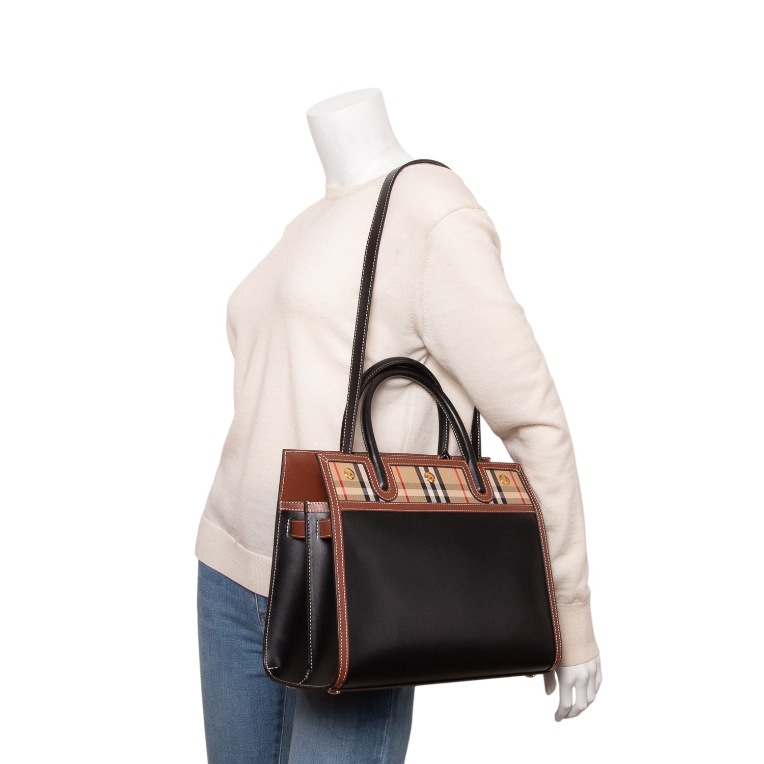 Burberry Black Calfskin Vintage Check Small Two Handle Title Bag w/ Box & Strap