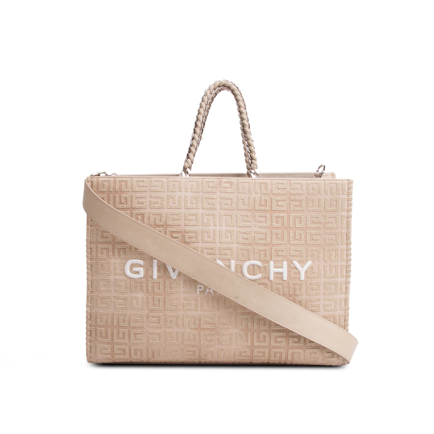 Givenchy 2023 Beige/Gold Canvas Jacquard 4G Medium Chain Tote w/ Strap