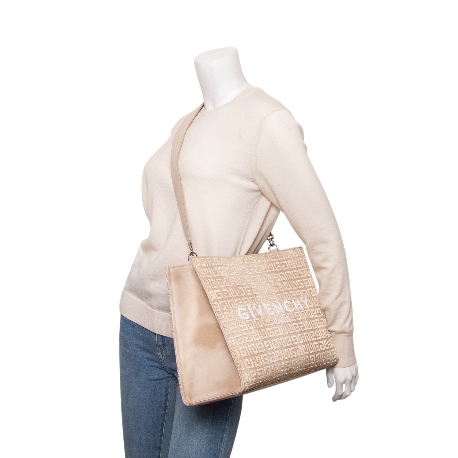 Givenchy 2023 Beige/Gold Canvas Jacquard 4G Medium Chain Tote w/ Strap