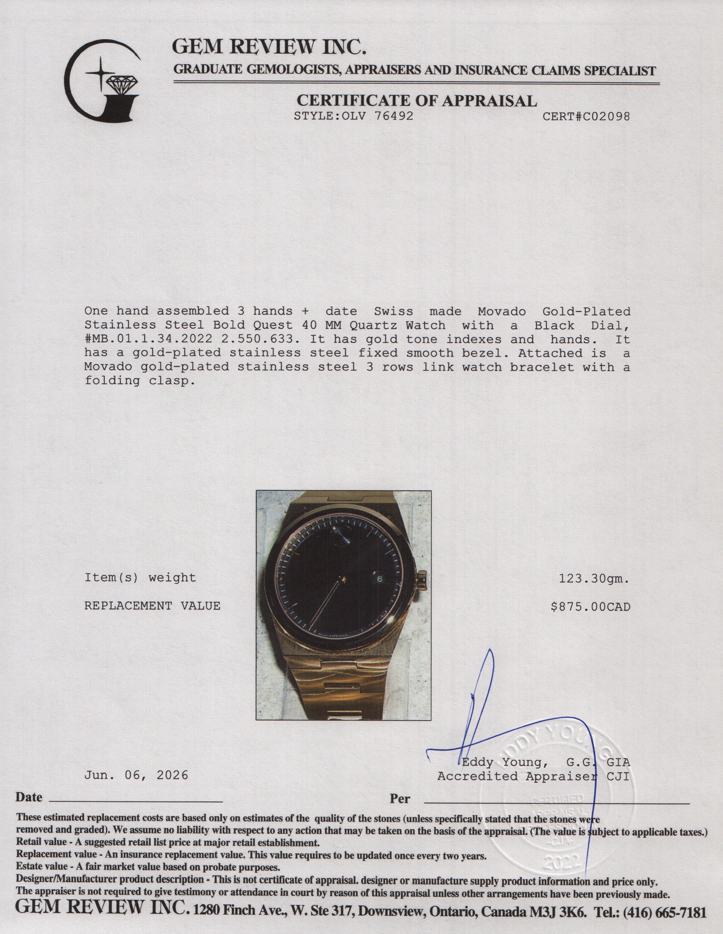 Movado Gold-Plated Stainless Steel Bold Quest 40 MM Quartz Watch Black Dial w/ Box