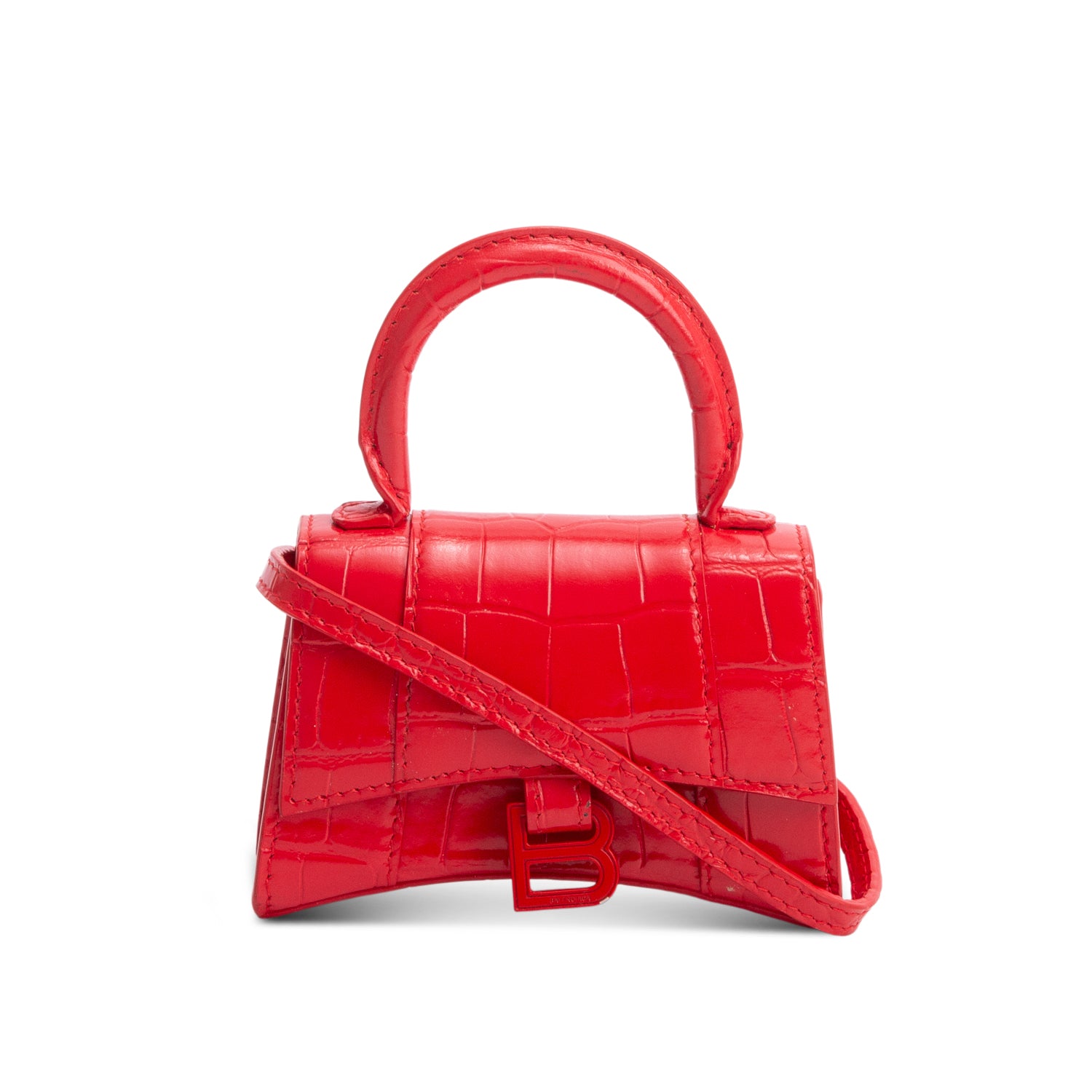 Balenciaga Red Shiny Calfskin Monochrome Croc Embossed Hourglass Top Handle Mini Bag w/ Strap