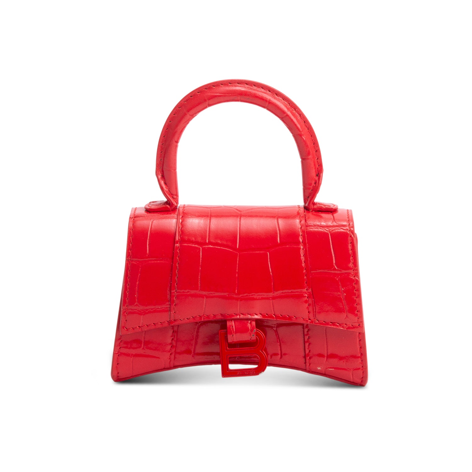 Balenciaga Red Shiny Calfskin Monochrome Croc Embossed Hourglass Top Handle Mini Bag w/ Strap