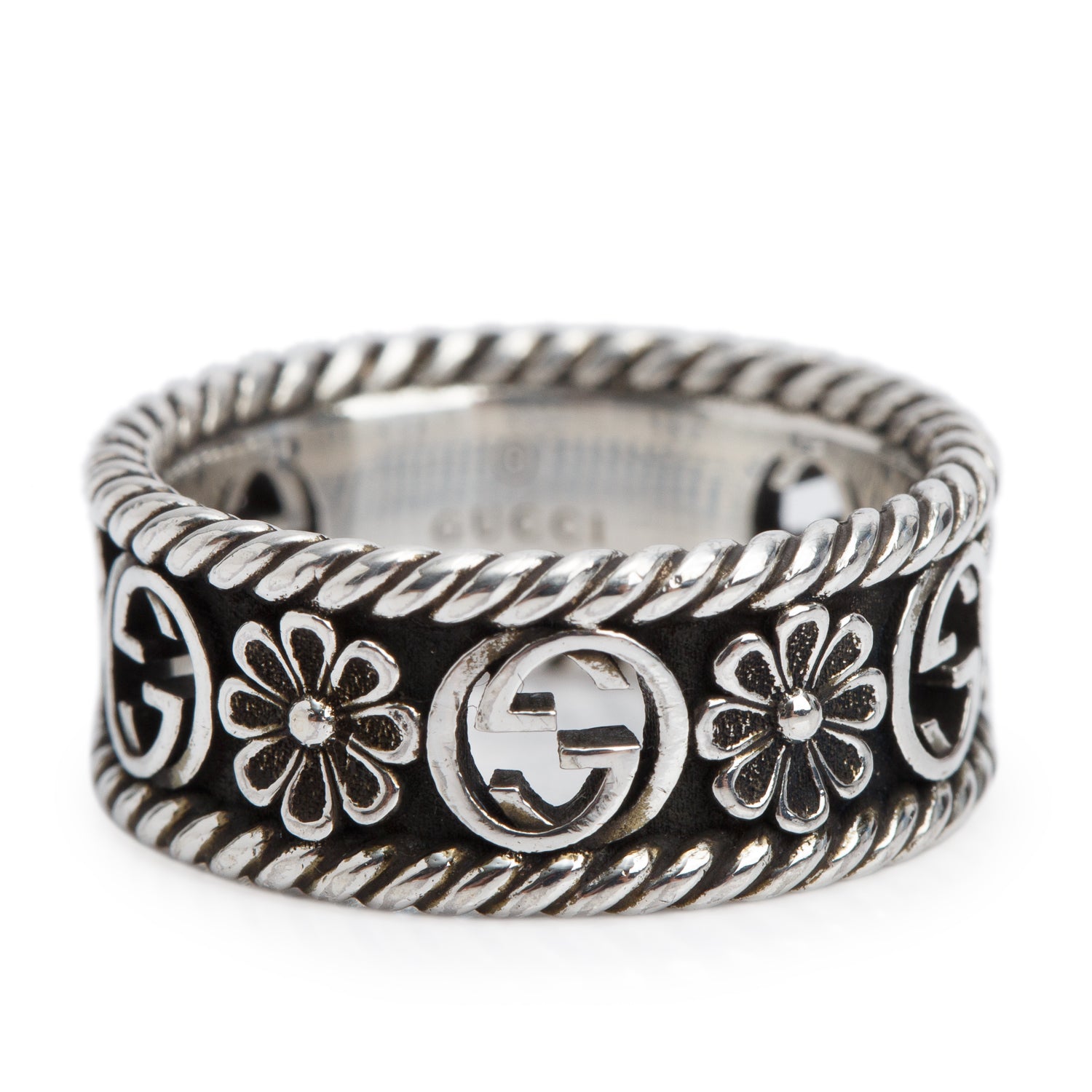 Gucci Sterling Silver Interlocking G Flower Band Ring, Size 14 6.5