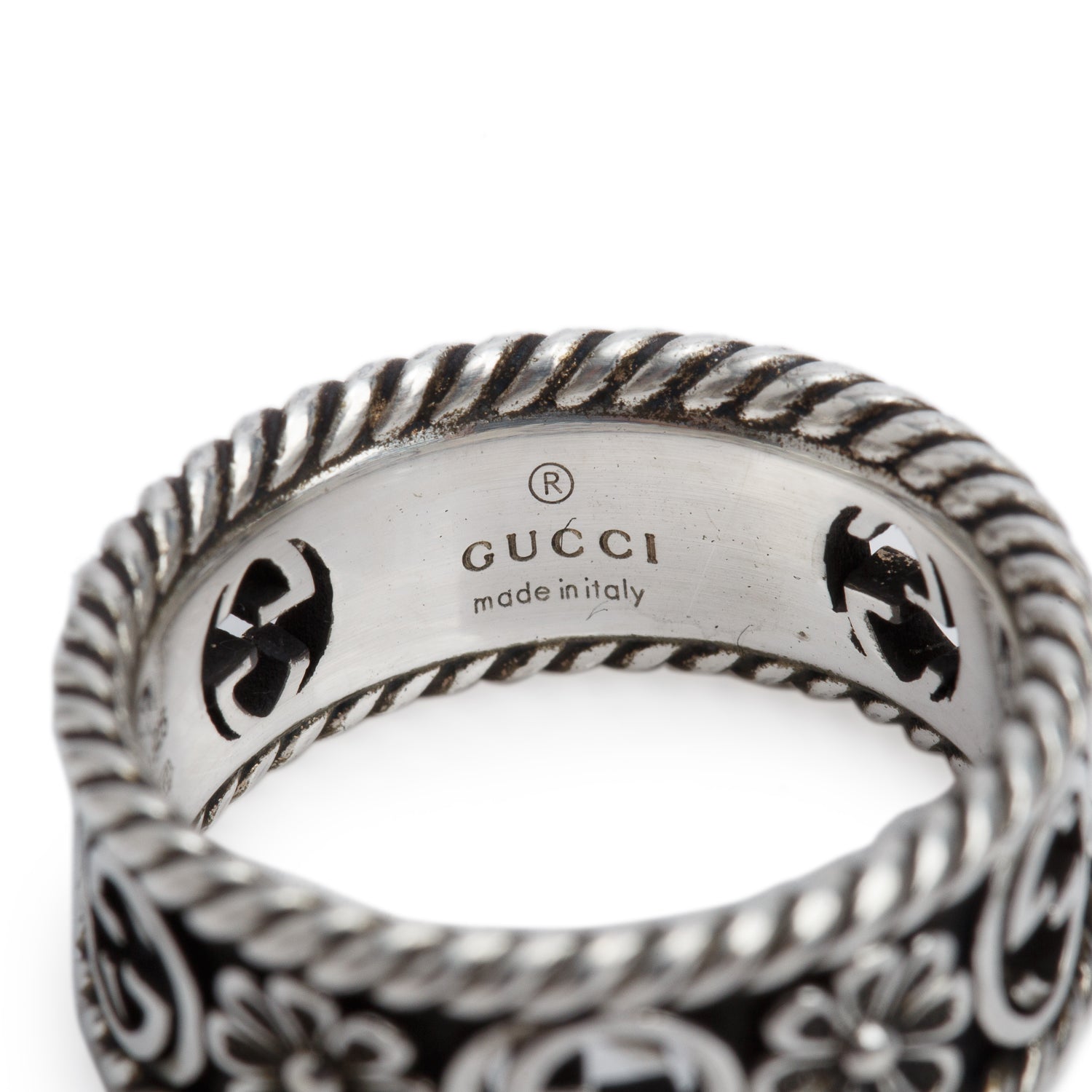 Gucci Sterling Silver Interlocking G Flower Band Ring, Size 14 6.5