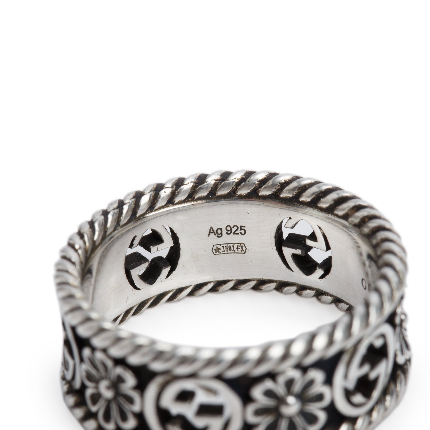 Gucci Sterling Silver Interlocking G Flower Band Ring, Size 14 6.5