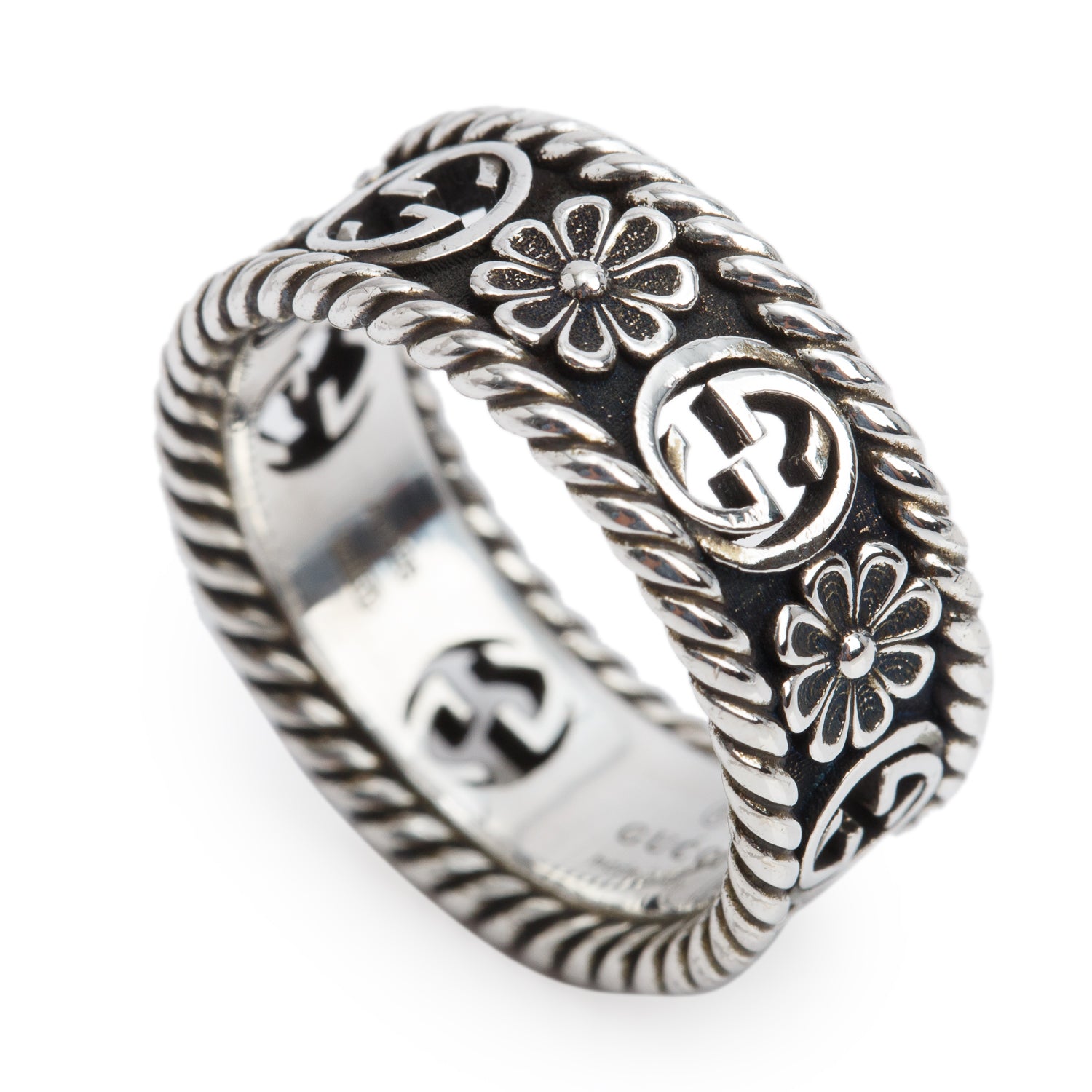 Gucci Sterling Silver Interlocking G Flower Band Ring, Size 14 6.5