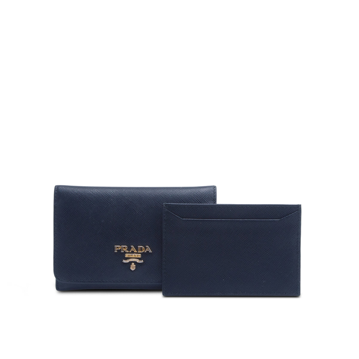 Prada Black Saffiano Metal Leather Card Holder Flap Wallet w/ Insert