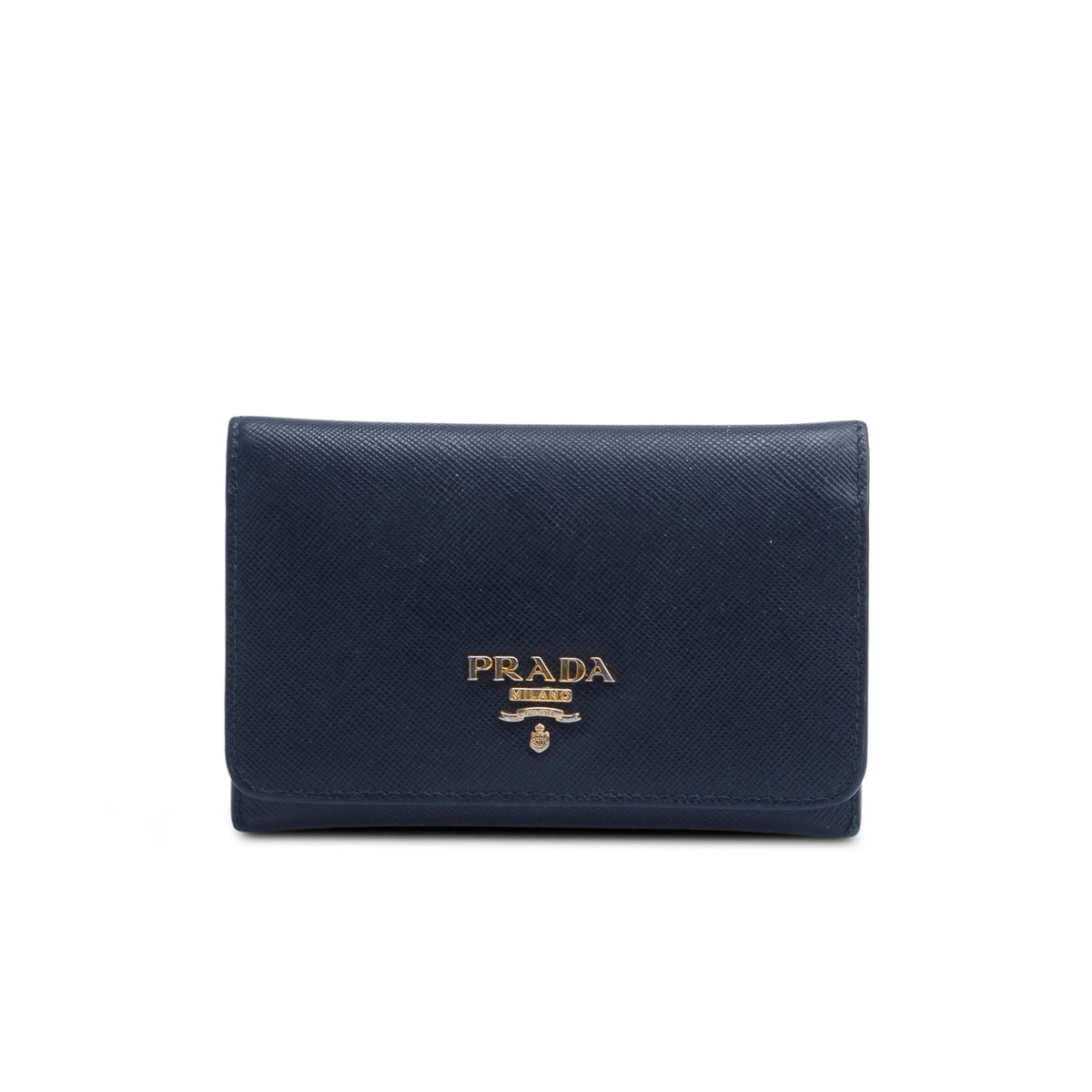 Prada Black Saffiano Metal Leather Card Holder Flap Wallet w/ Insert