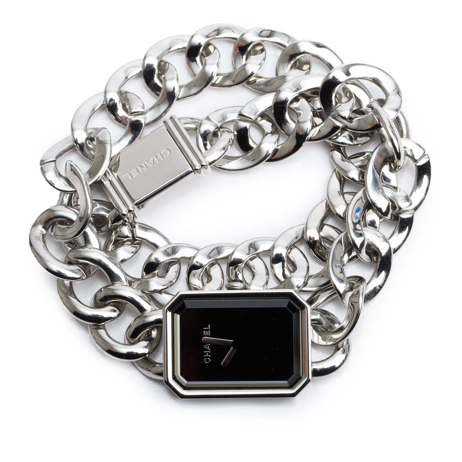 Chanel Stainless Steel Premiere Gourmette Chain Watch, Large Version Black Dial
