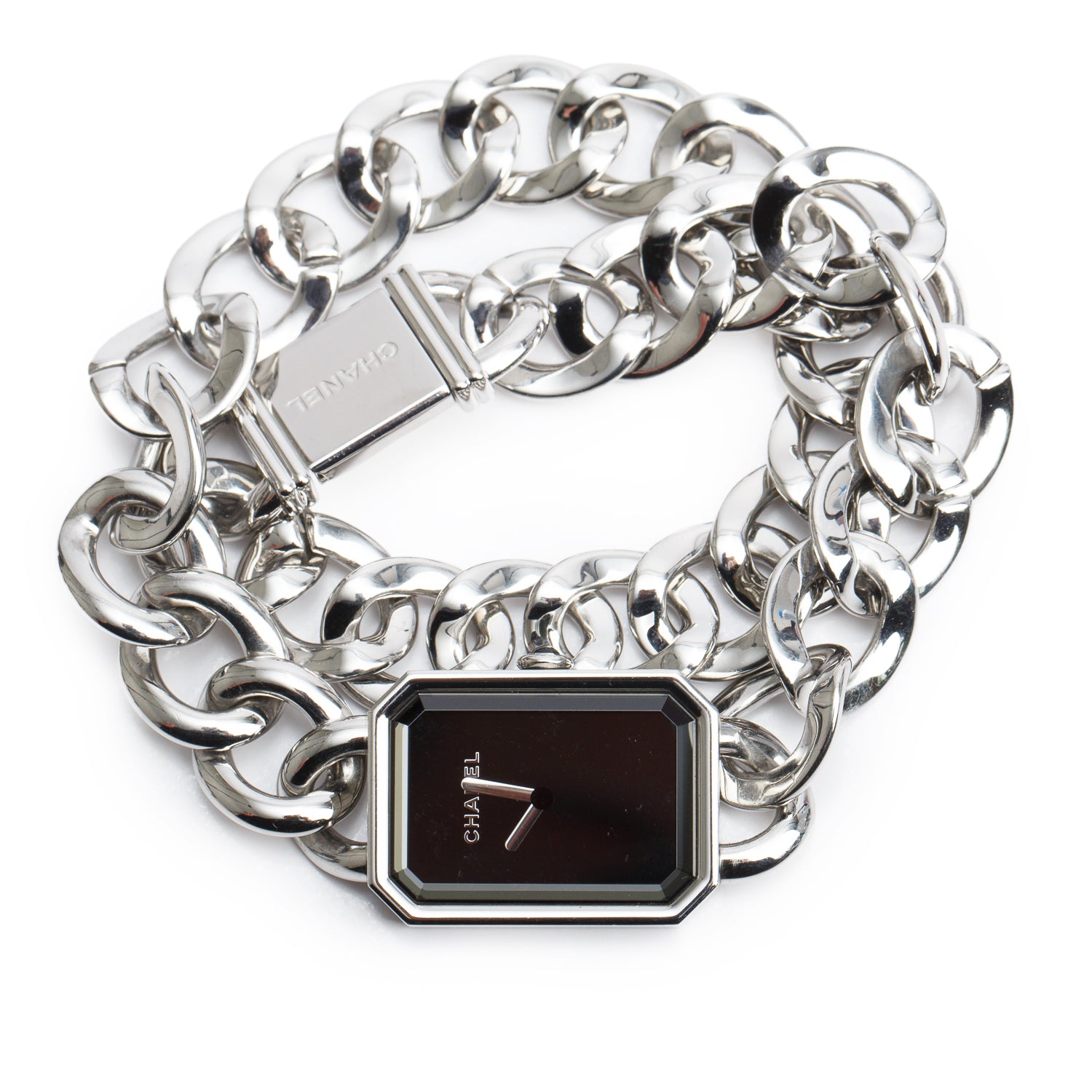 Chanel Stainless Steel Premiere Gourmette Chain Watch, Large Version Black Dial