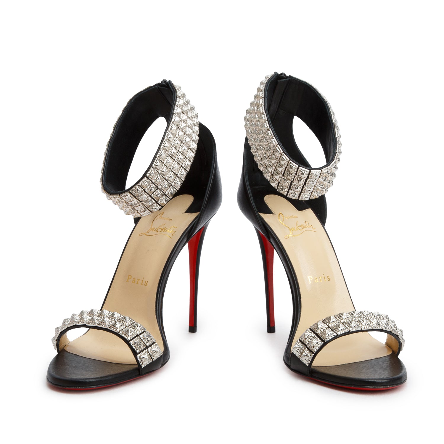 Christian Louboutin Black Nappa Leather Proyadora 100 Studded Sandals, Women's Size 40 w/ Box