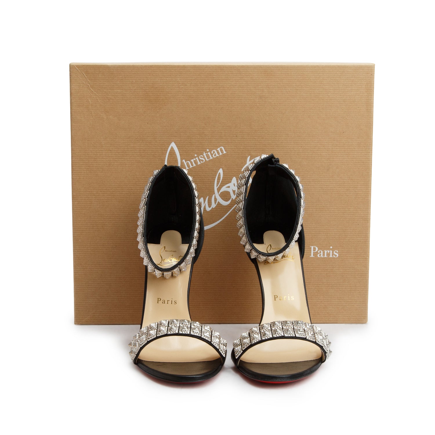 Christian Louboutin Black Nappa Leather Proyadora 100 Studded Sandals, Women's Size 39.5 w/ Box