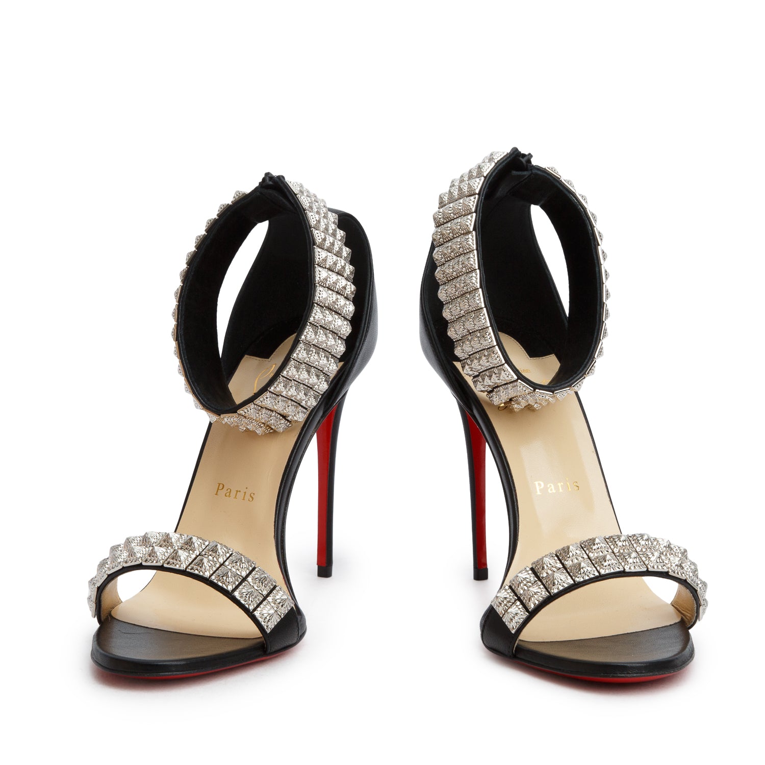 Christian Louboutin Black Nappa Leather Proyadora 100 Studded Sandals, Women's Size 39.5 w/ Box