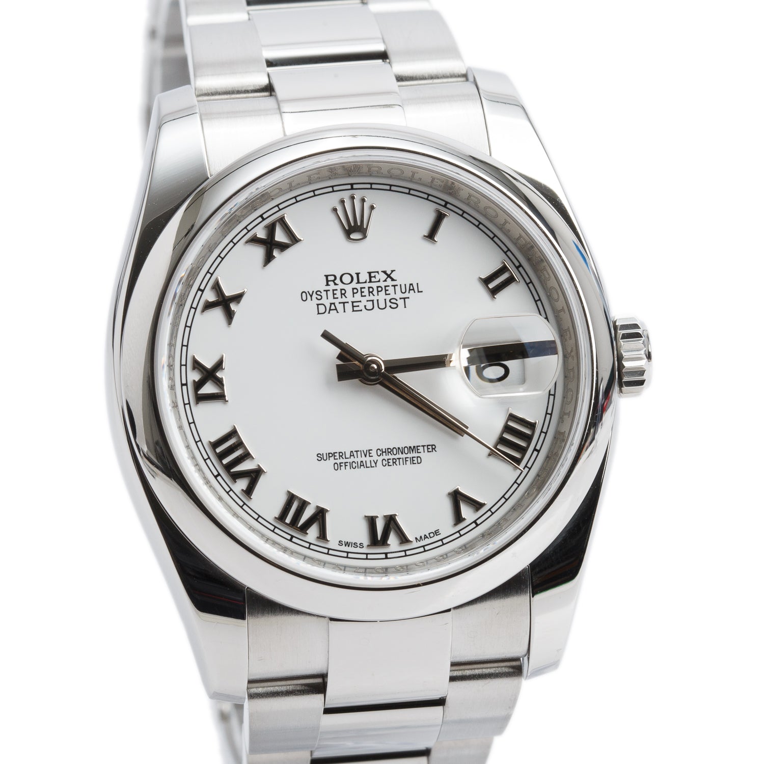 Rolex Stainless Steel Datejust 36 MM Automatic Watch White Roman Numeral Dial 116200 w/ Papers