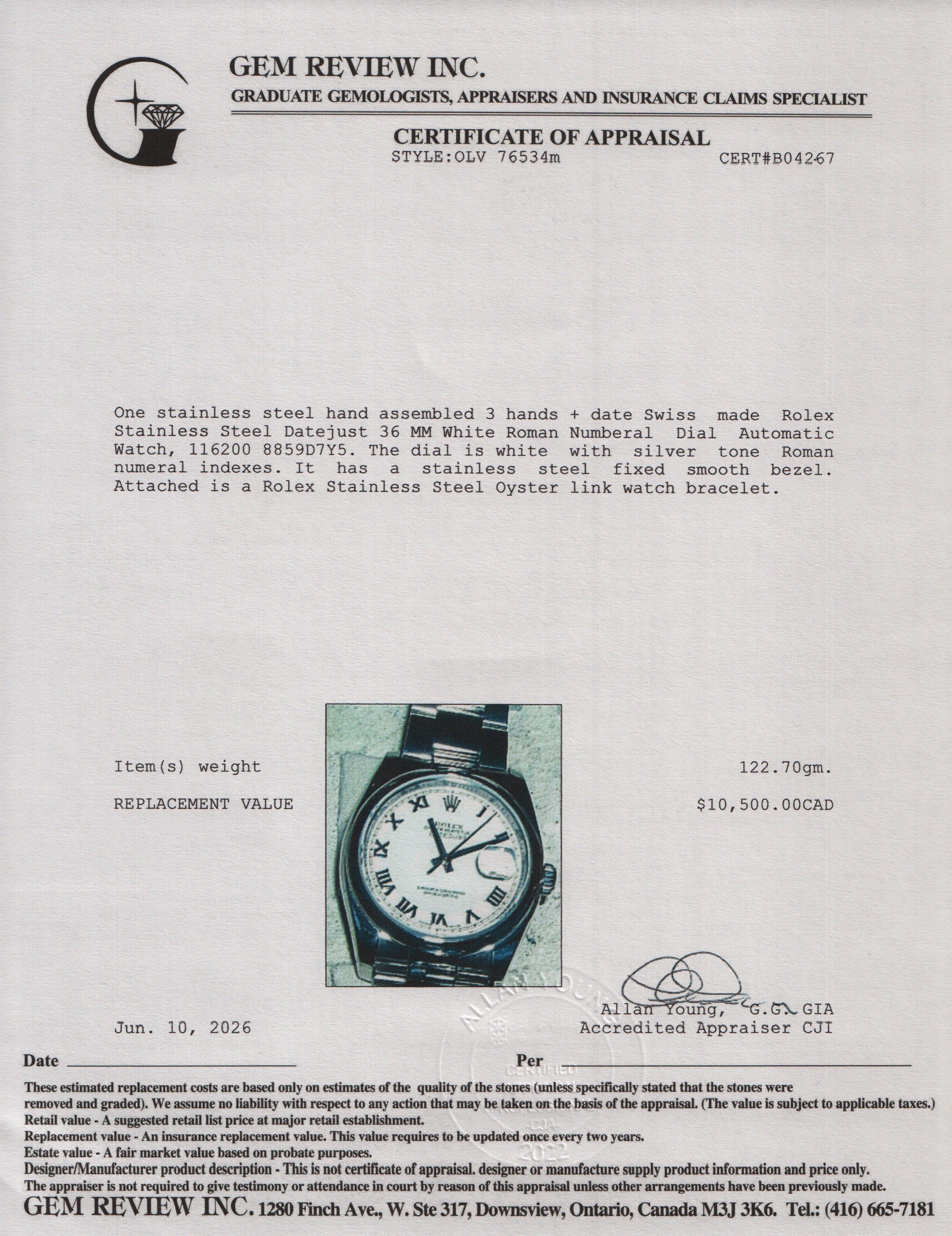 Rolex Stainless Steel Datejust 36 MM Automatic Watch White Roman Numeral Dial 116200 w/ Papers