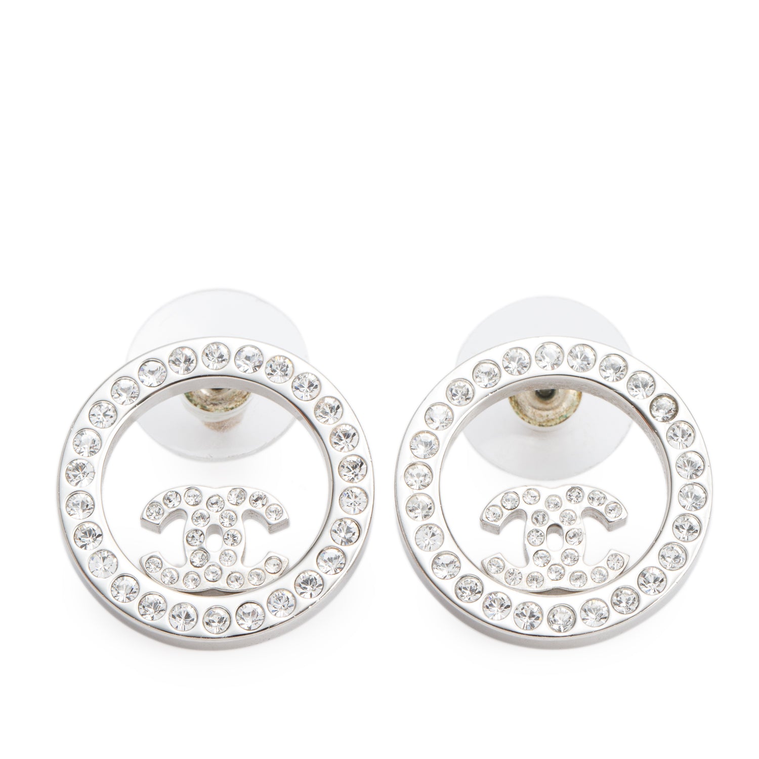 Chanel 2021 Palladium Plated Strass CC Round Earrings