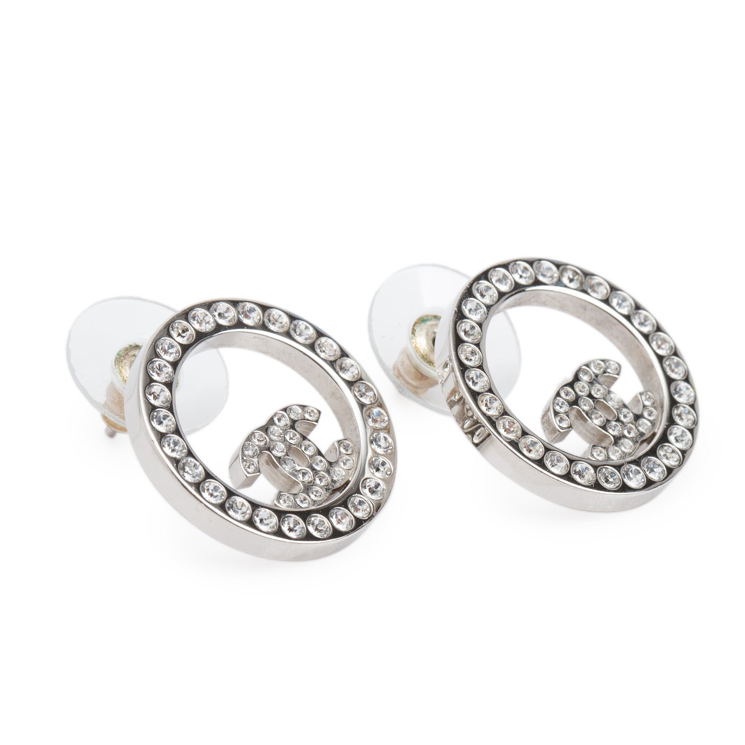 Chanel 2021 Palladium Plated Strass CC Round Earrings