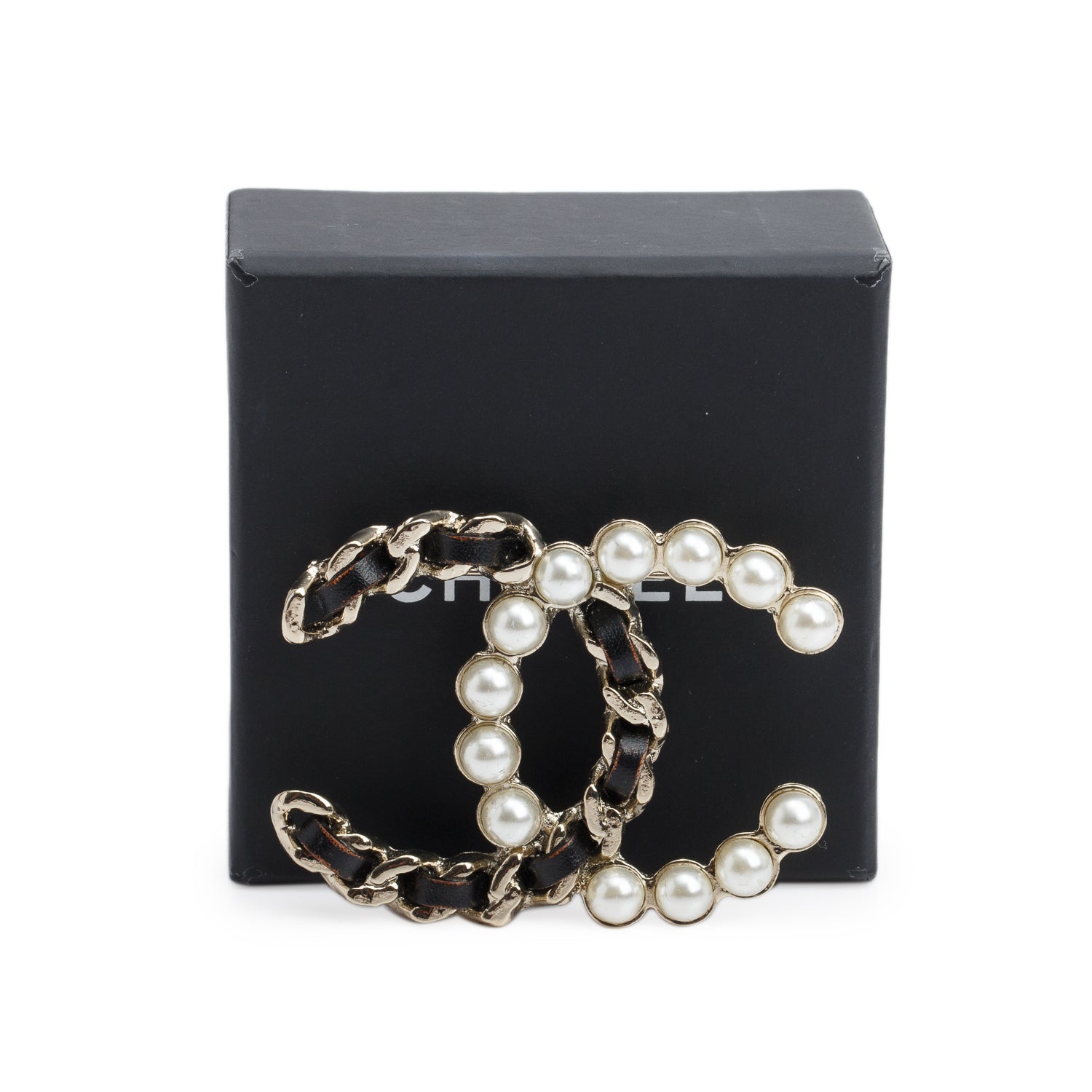Chanel Gold Plated Faux Pearl & Leather CC Brooch w/ Box