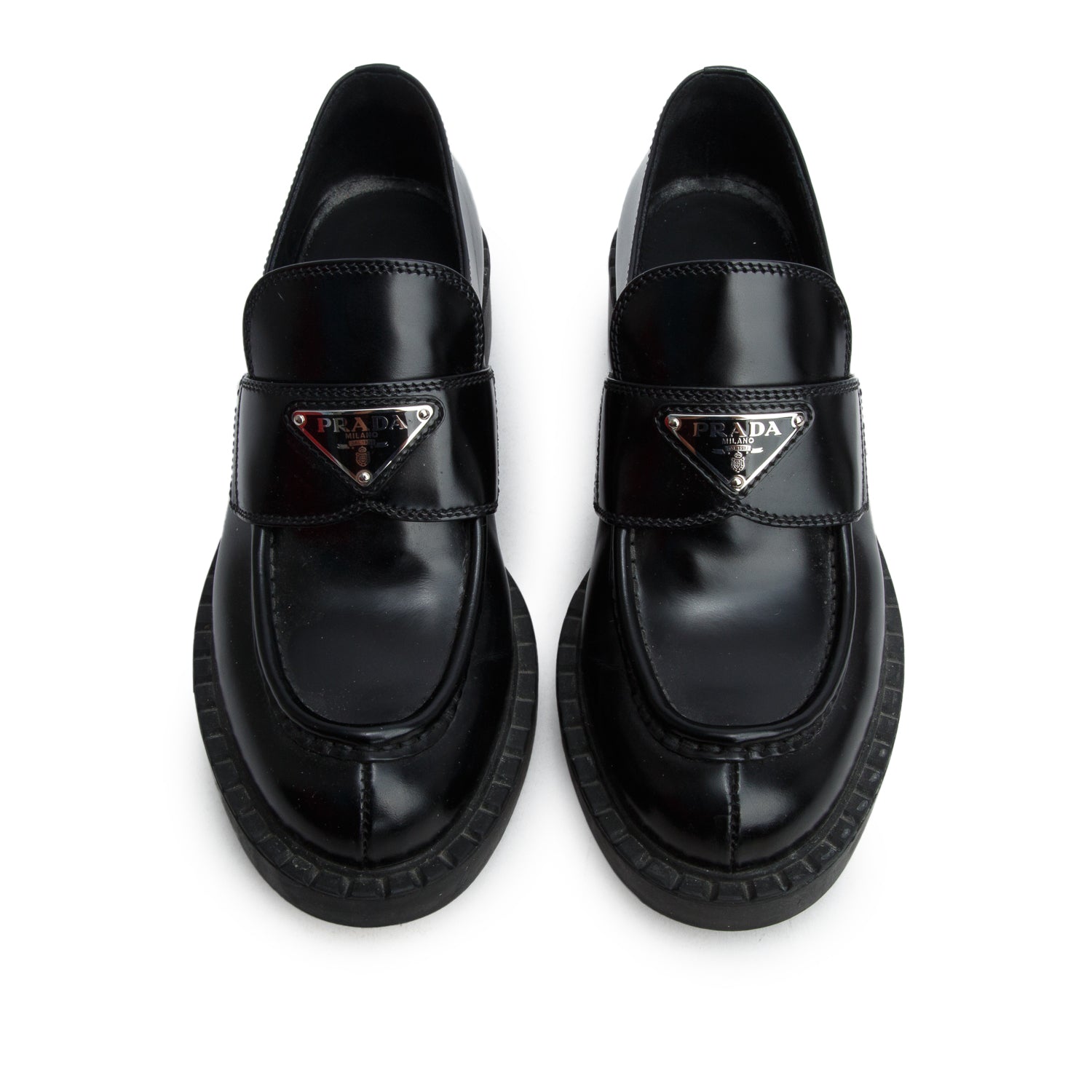 Prada Black Brushed Calfskin Leather Metal Triangle Logo Loafers, Women's Size 37